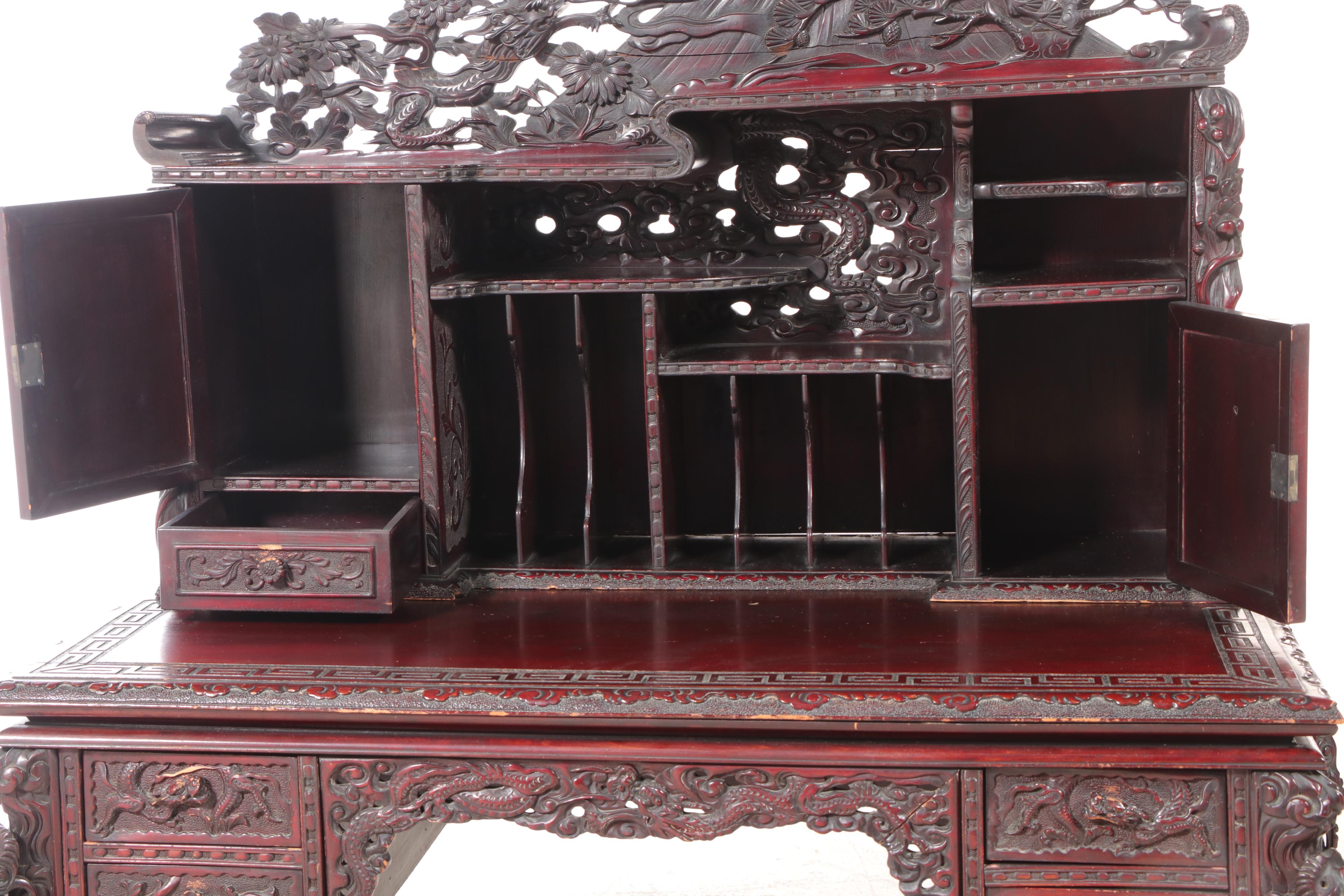 Japanese Heavily Carved Hardwood Dragon Desk with Mount Fuji Crest, Circa 1900