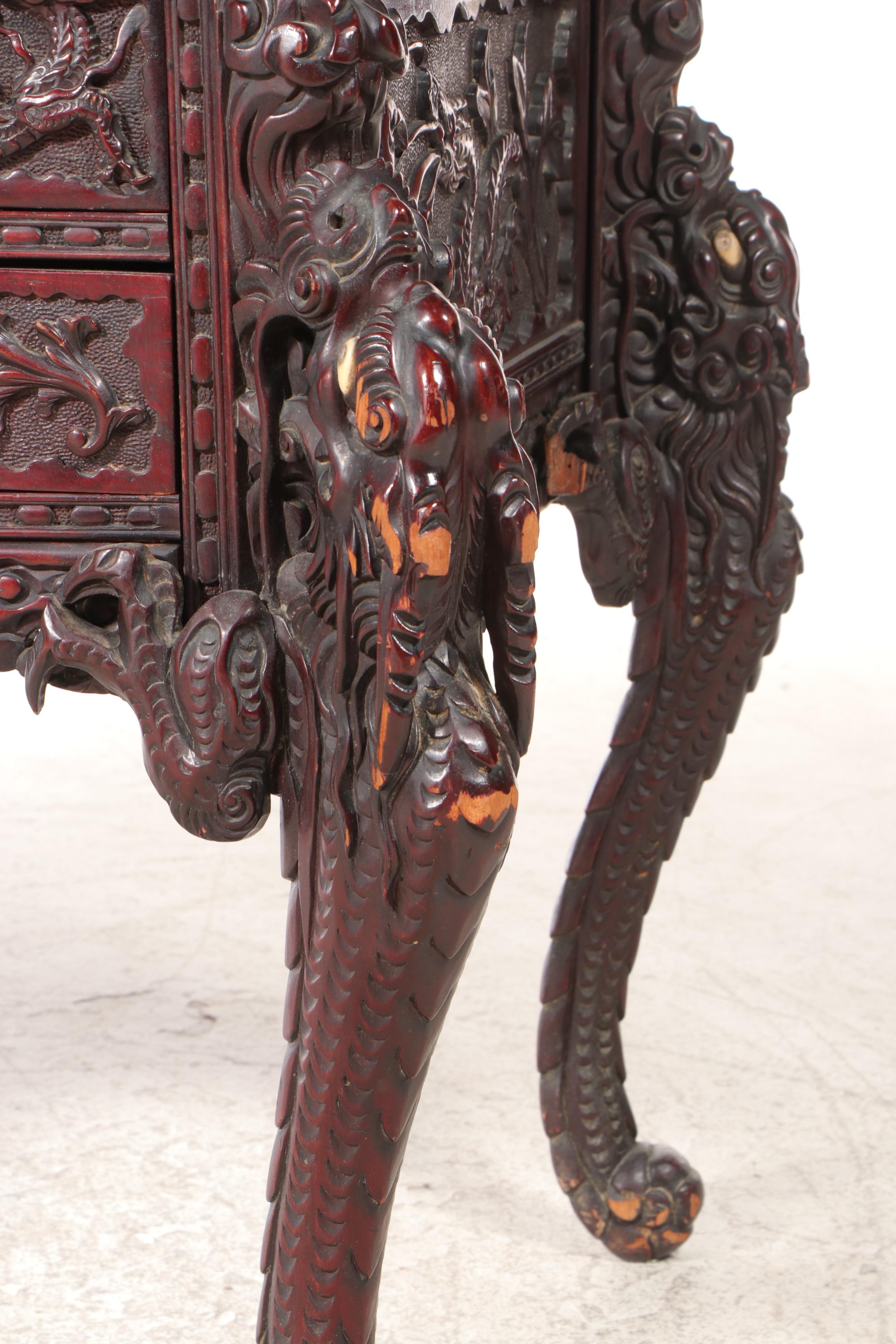 Japanese Heavily Carved Hardwood Dragon Desk with Mount Fuji Crest, Circa 1900