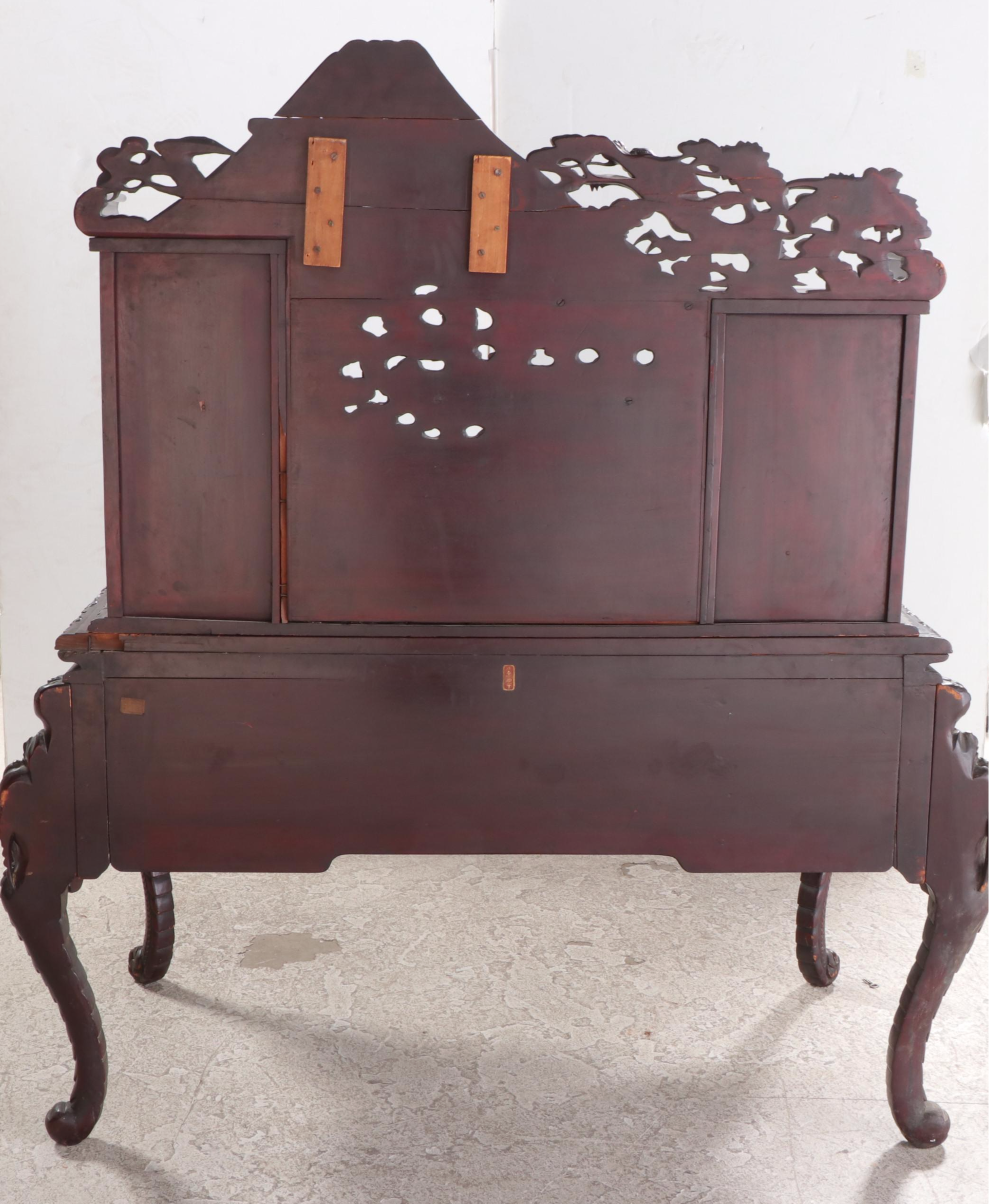 Japanese Heavily Carved Hardwood Dragon Desk with Mount Fuji Crest, Circa 1900