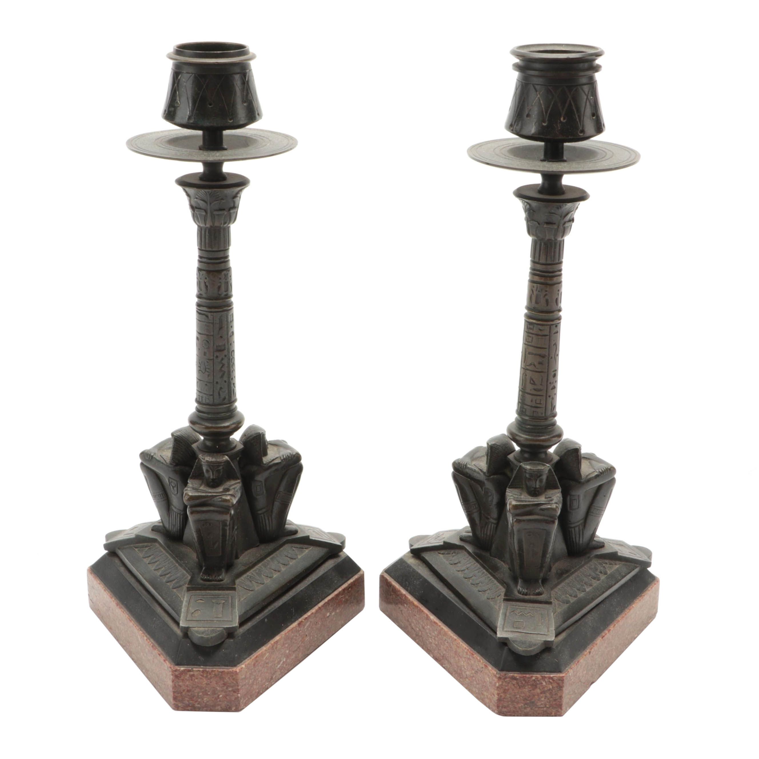 Egyptian Revival Bronze and Marble Candlesticks, Late 19th Century