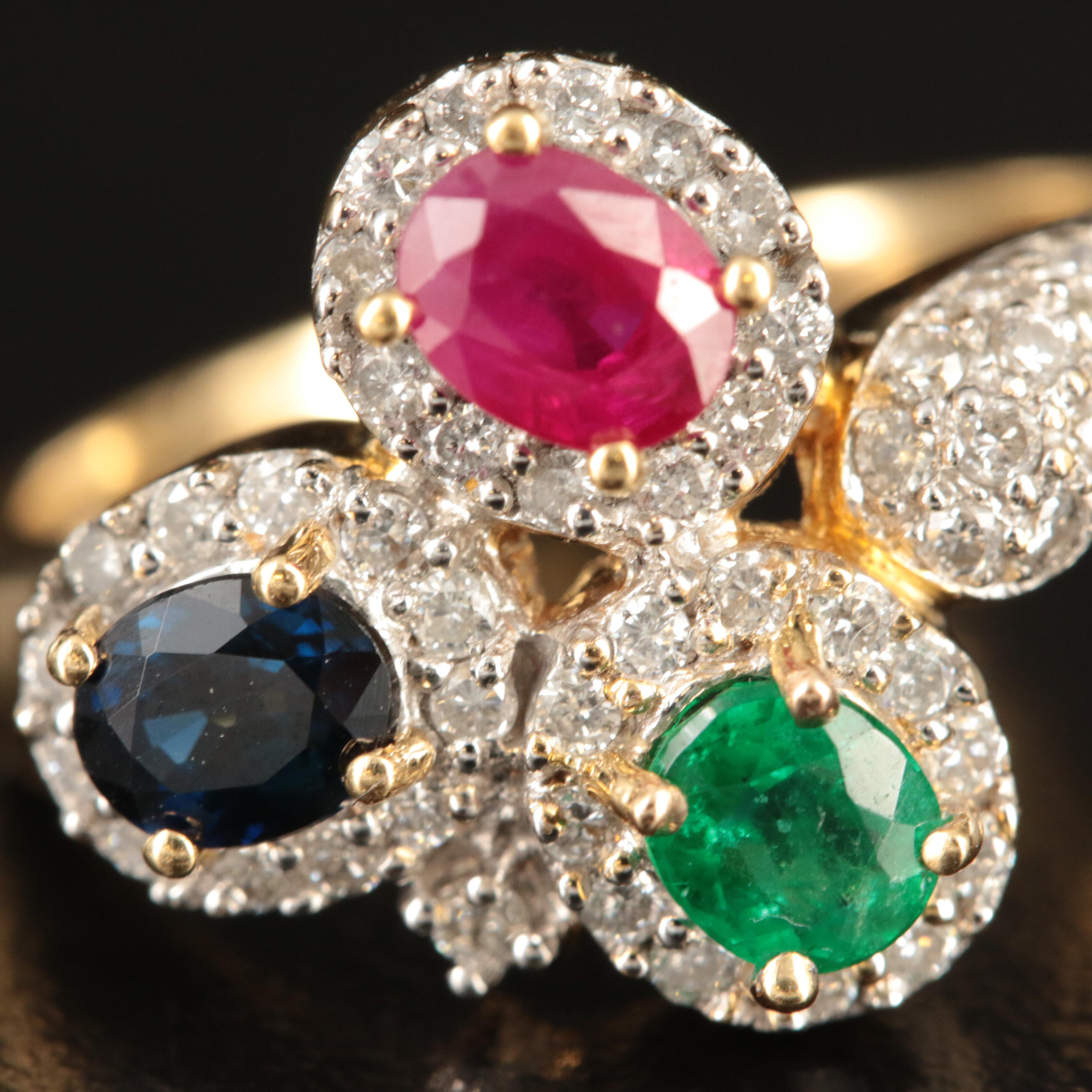 18K Ruby, Emerald, Sapphire and Diamond Ring