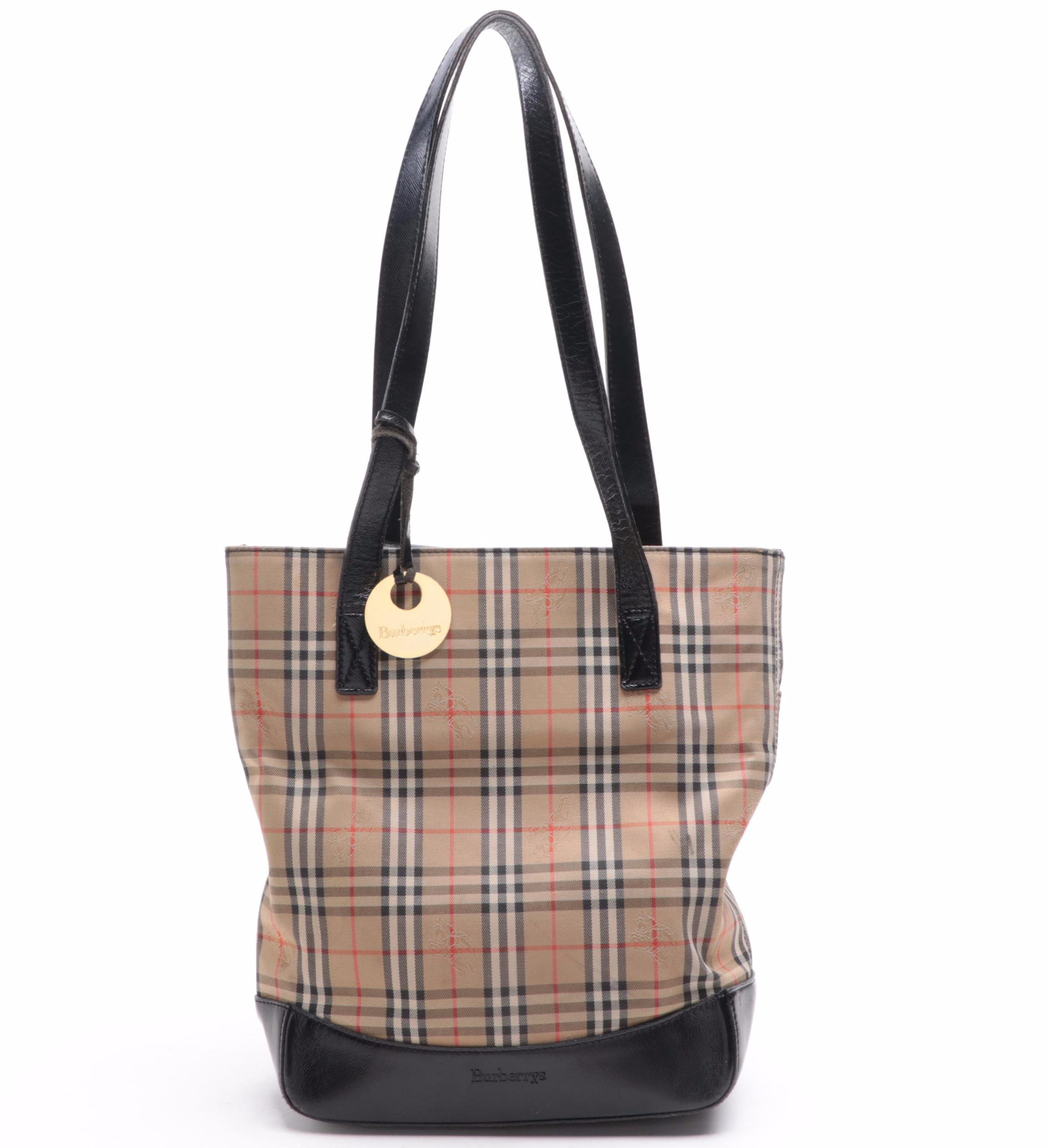 Burberrys Shoulder Tote Bag in Haymarket Check Canvas and Black Leather