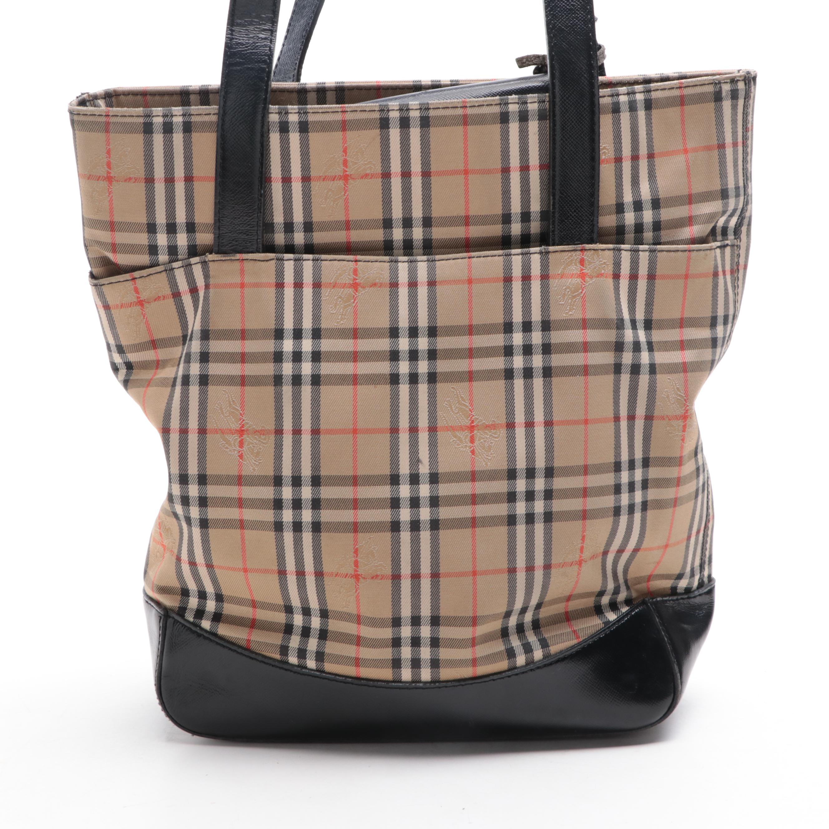 Burberrys Shoulder Tote Bag in Haymarket Check Canvas and Black Leather