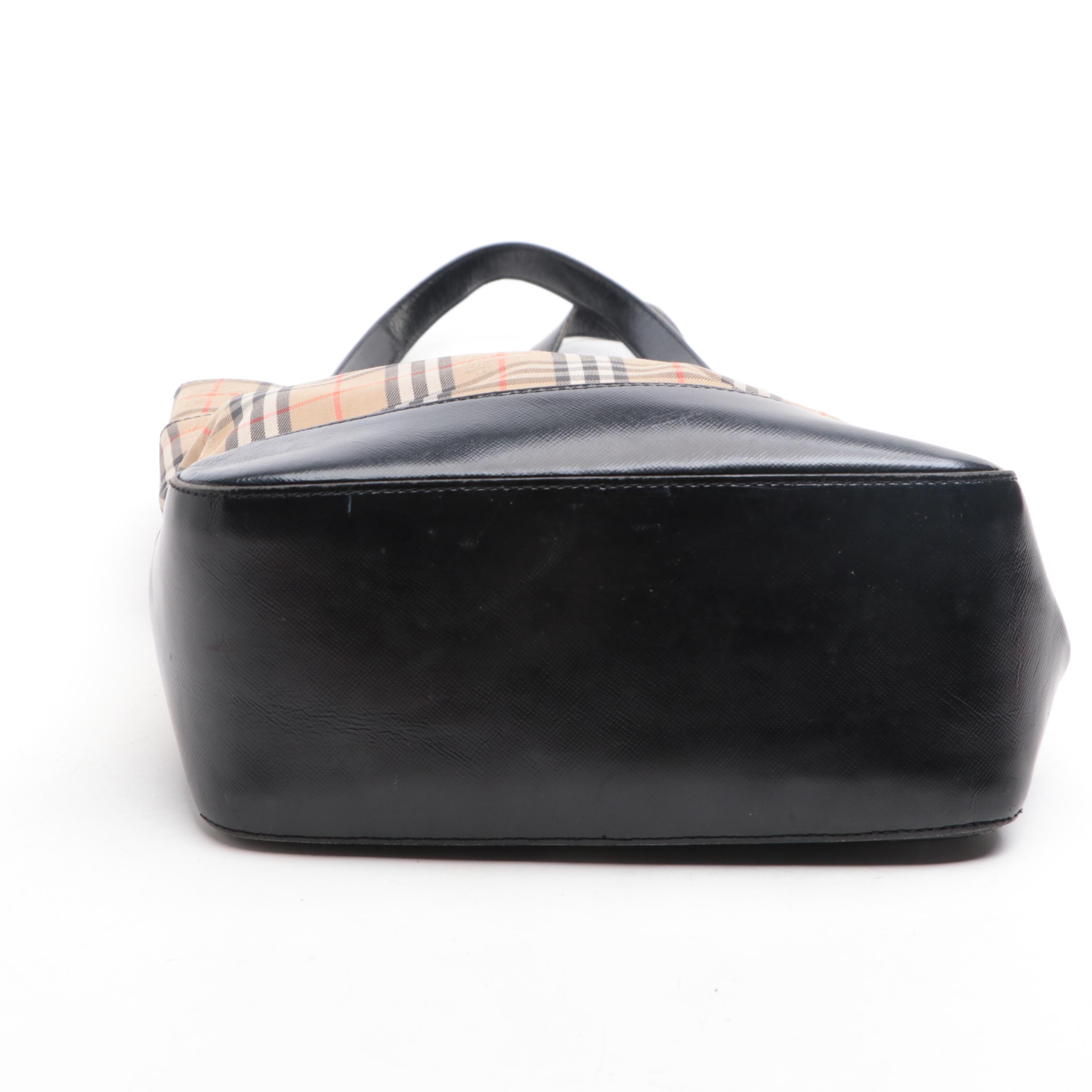 Burberrys Shoulder Tote Bag in Haymarket Check Canvas and Black Leather