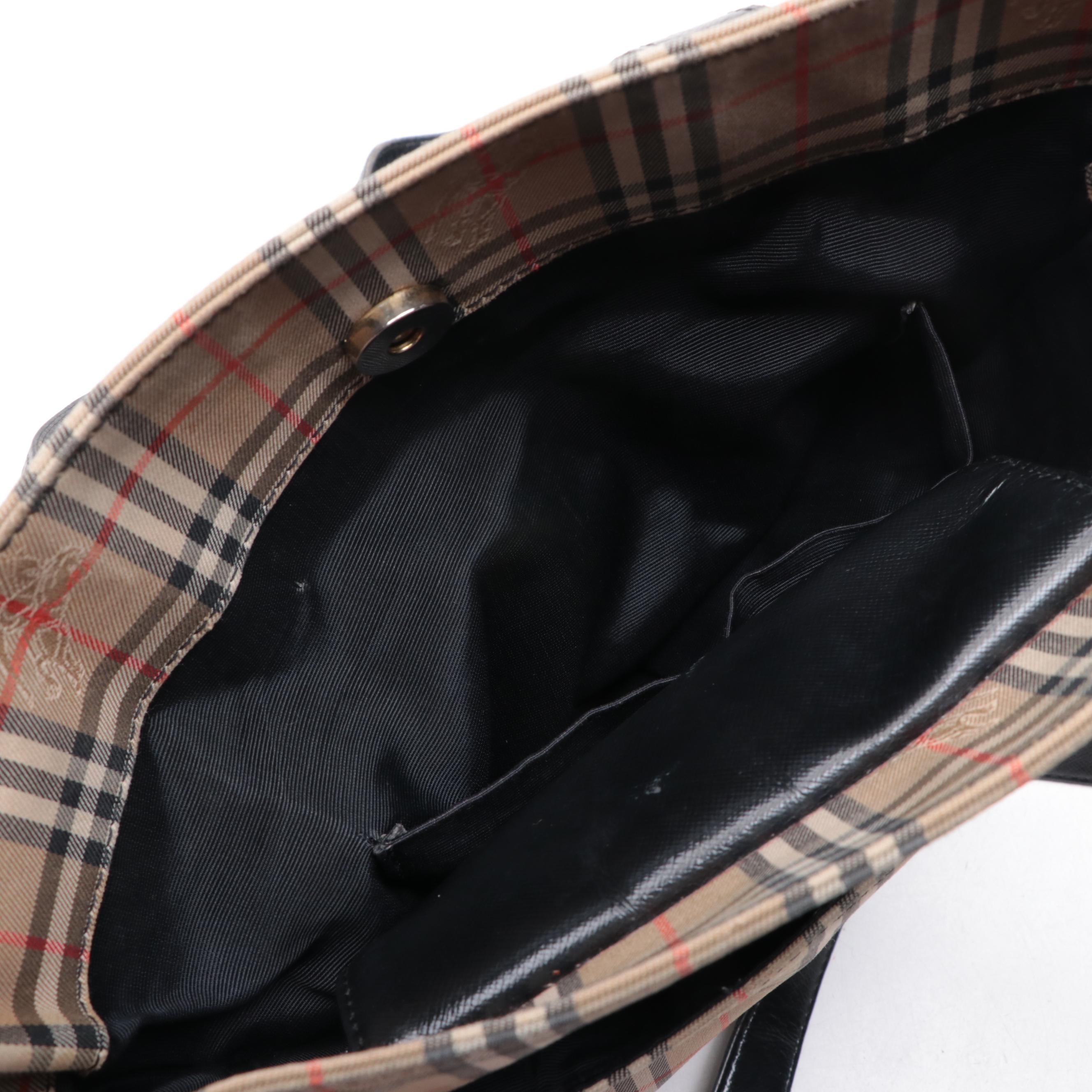 Burberrys Shoulder Tote Bag in Haymarket Check Canvas and Black Leather