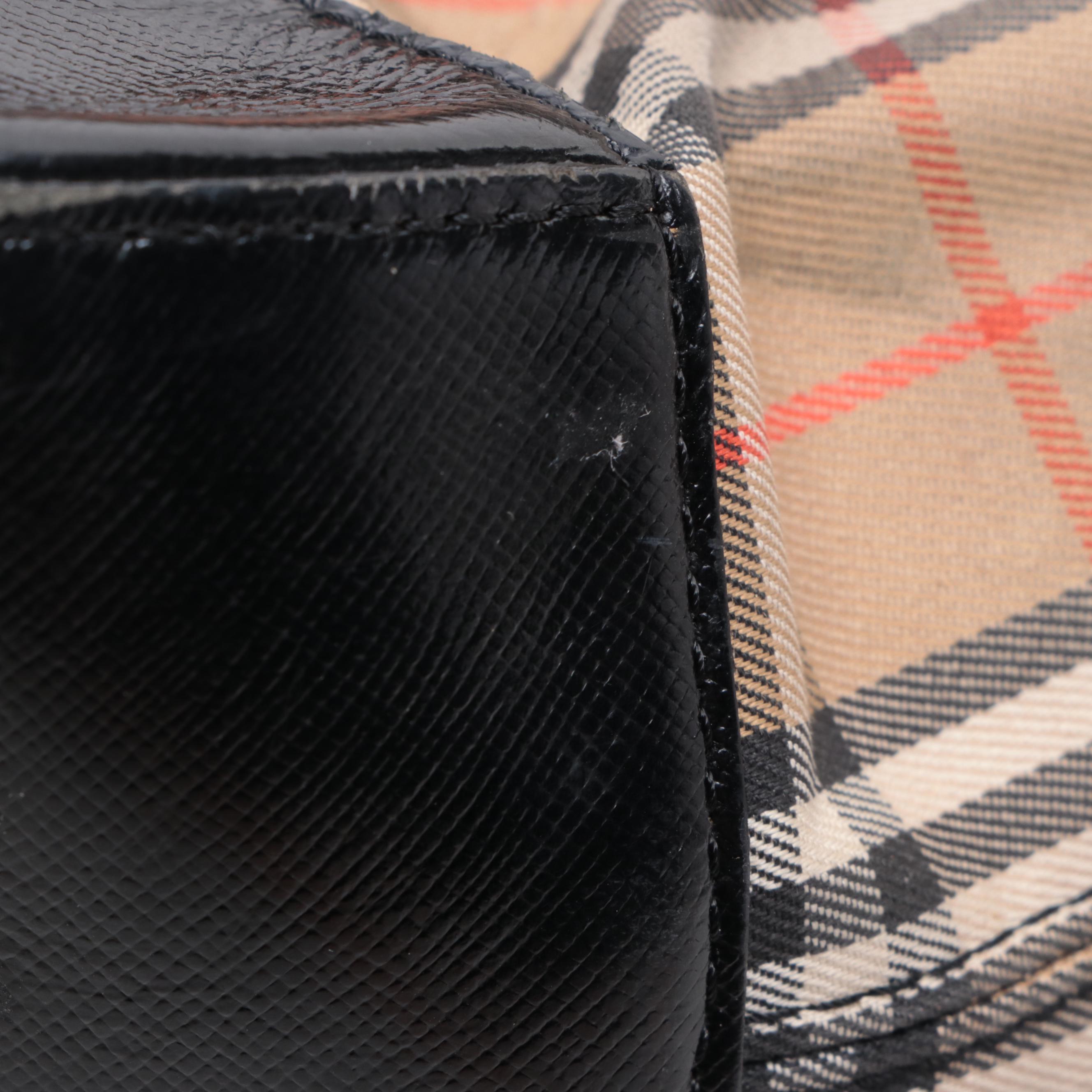 Burberrys Shoulder Tote Bag in Haymarket Check Canvas and Black Leather