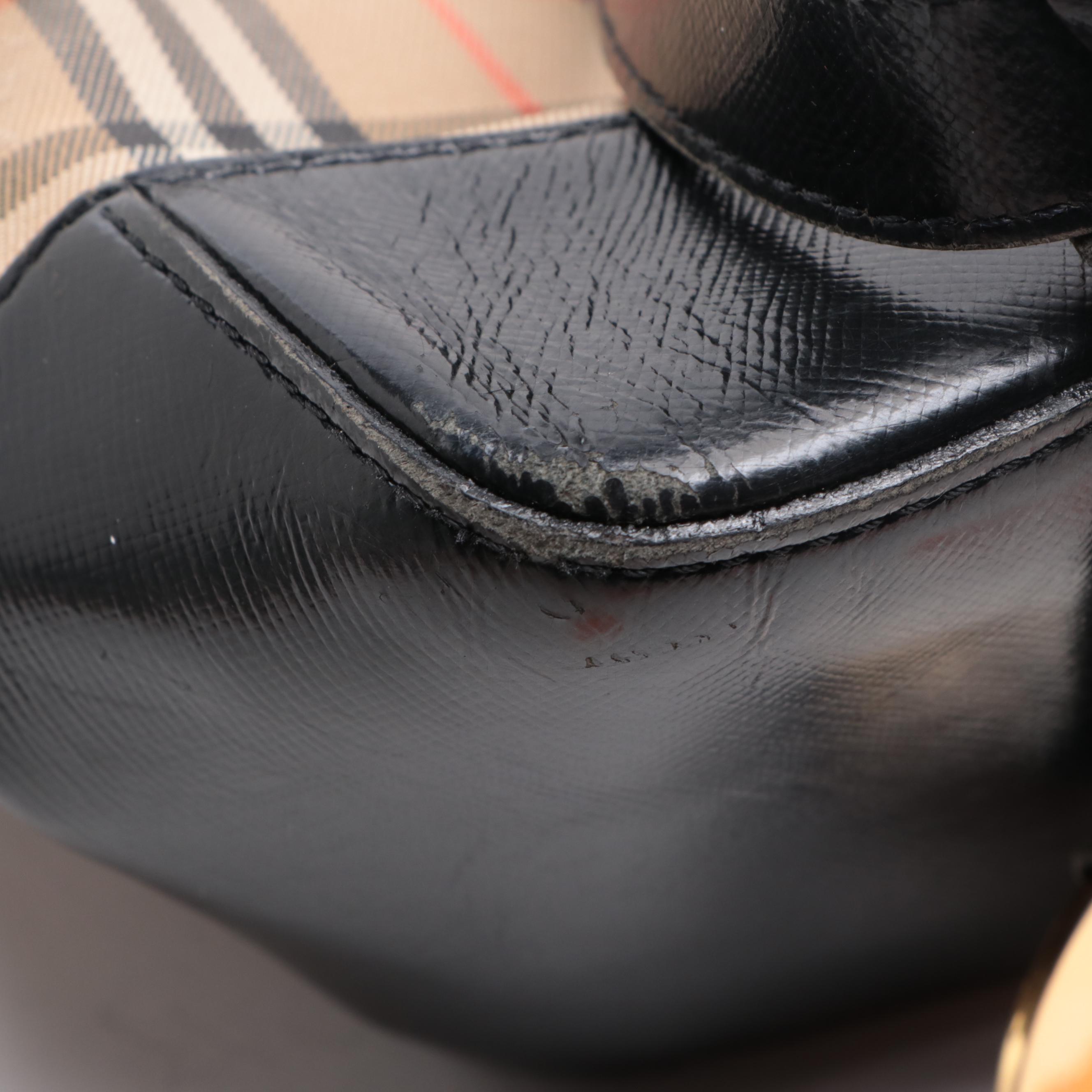 Burberrys Shoulder Tote Bag in Haymarket Check Canvas and Black Leather