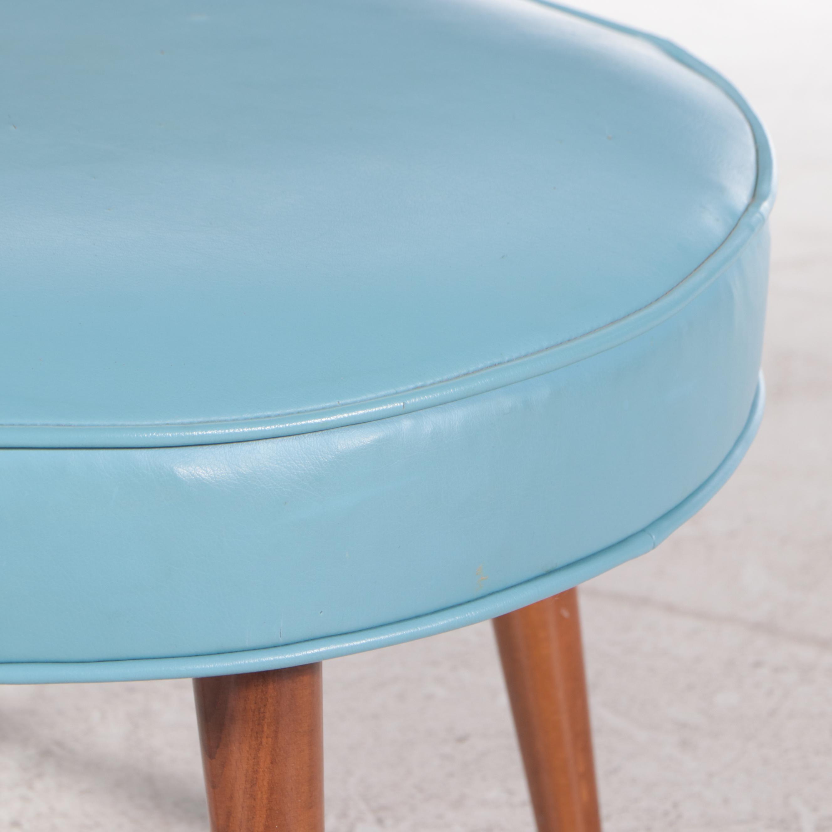 Mid Century Modern Beech and Blue Vinyl Footstool