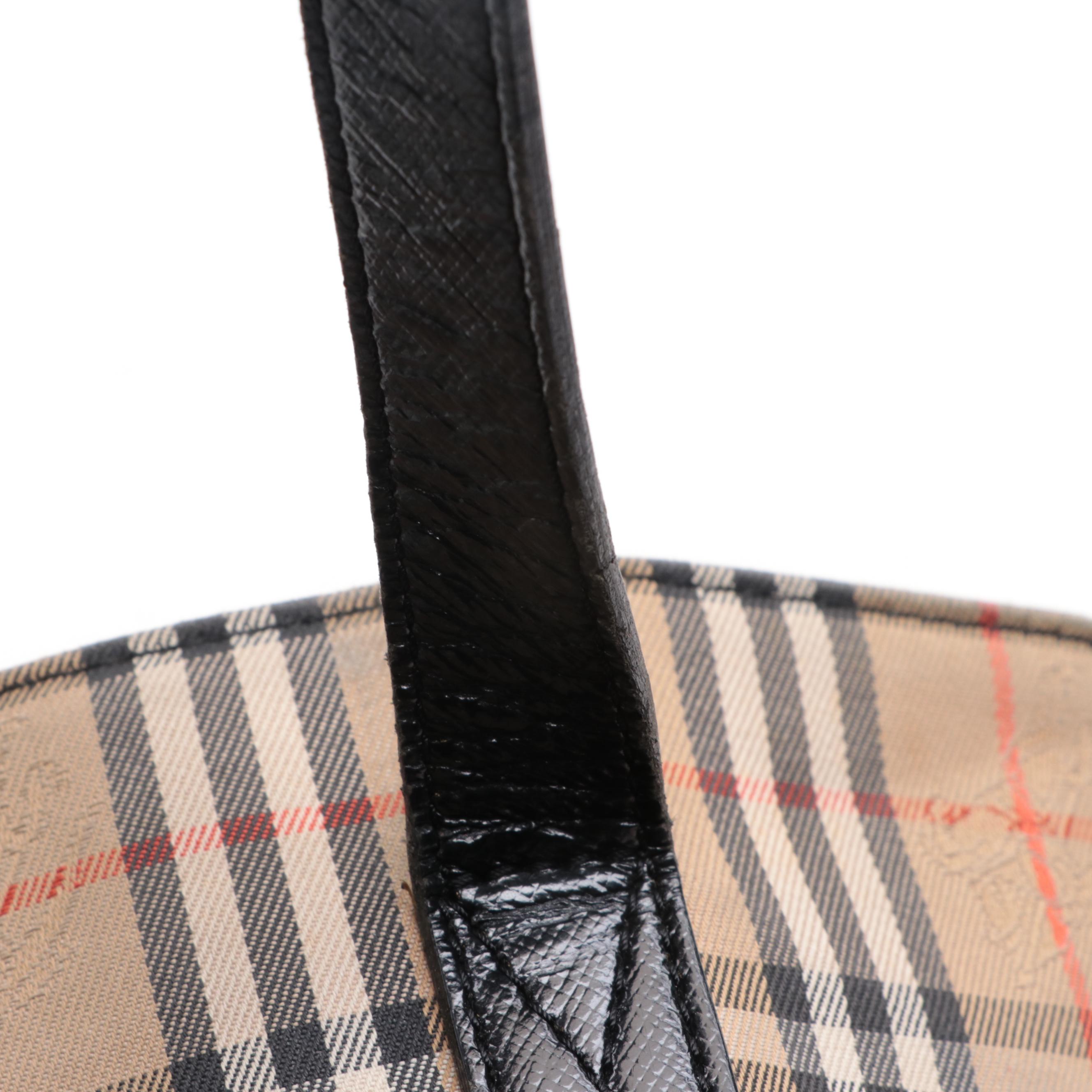 Burberrys Shoulder Tote Bag in Haymarket Check Canvas and Black Leather