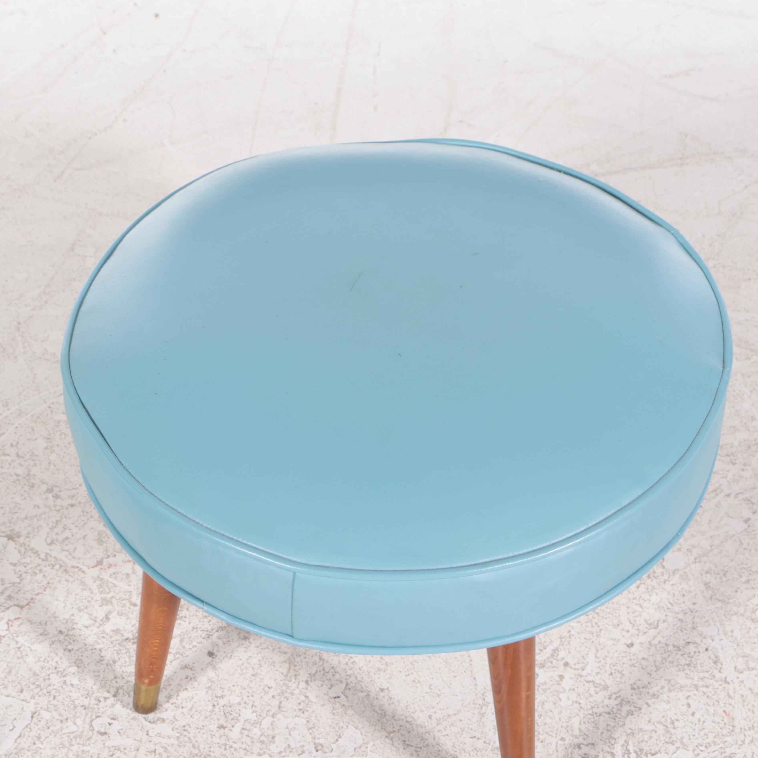Mid Century Modern Beech and Blue Vinyl Footstool