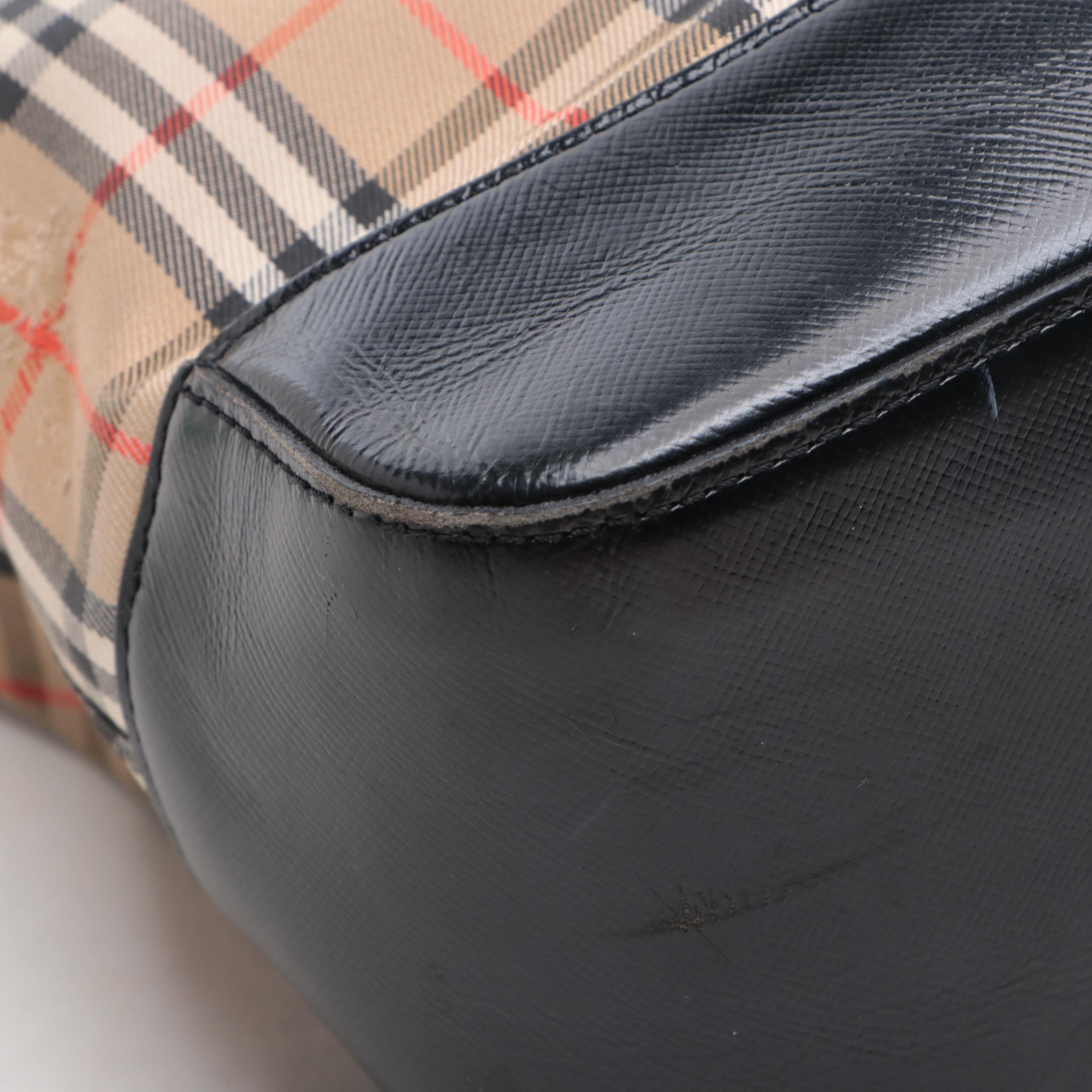 Burberrys Shoulder Tote Bag in Haymarket Check Canvas and Black Leather