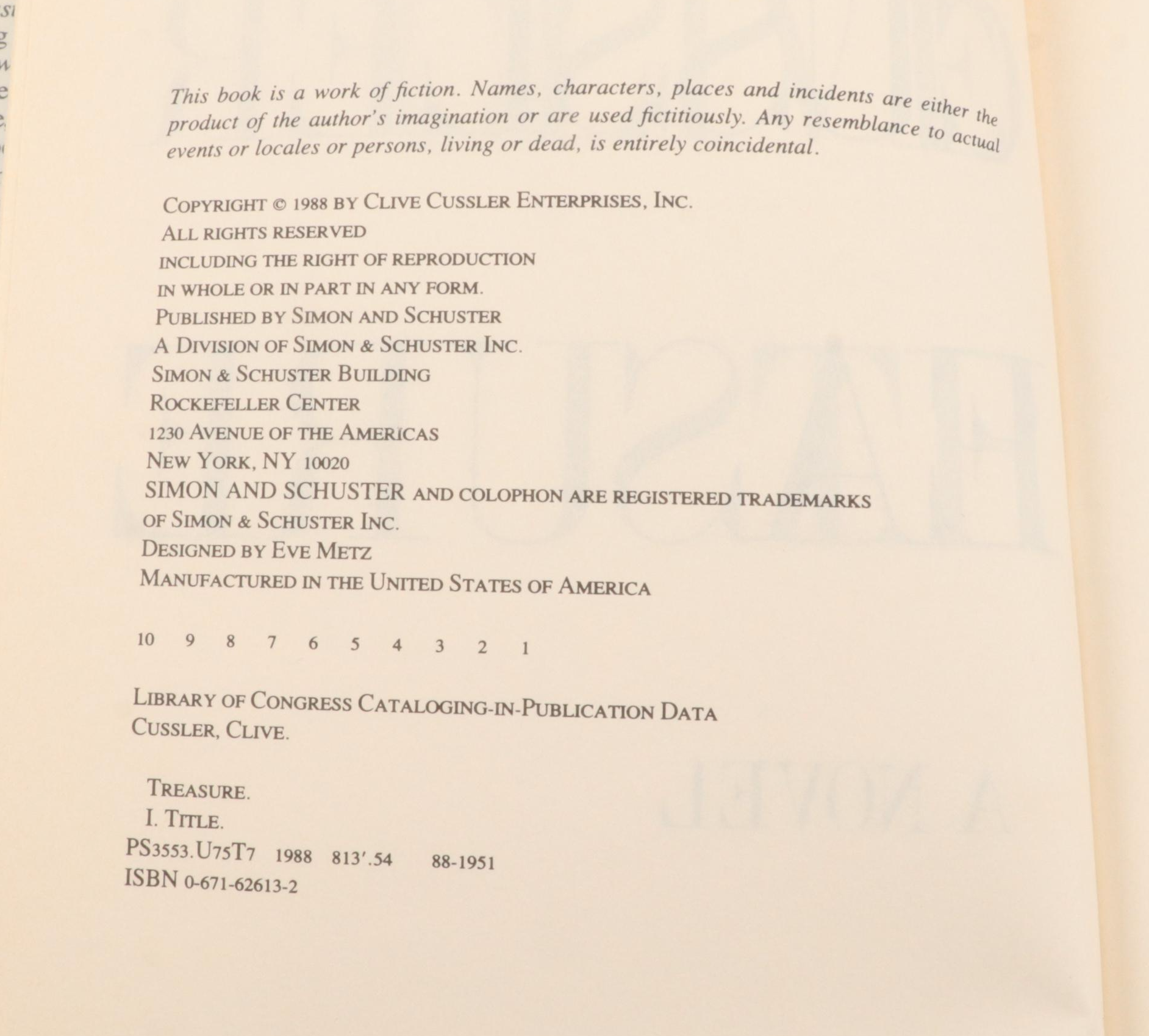 First Edition Clive Cussler Novels Including "Treasure, "Sea Hunters," and More