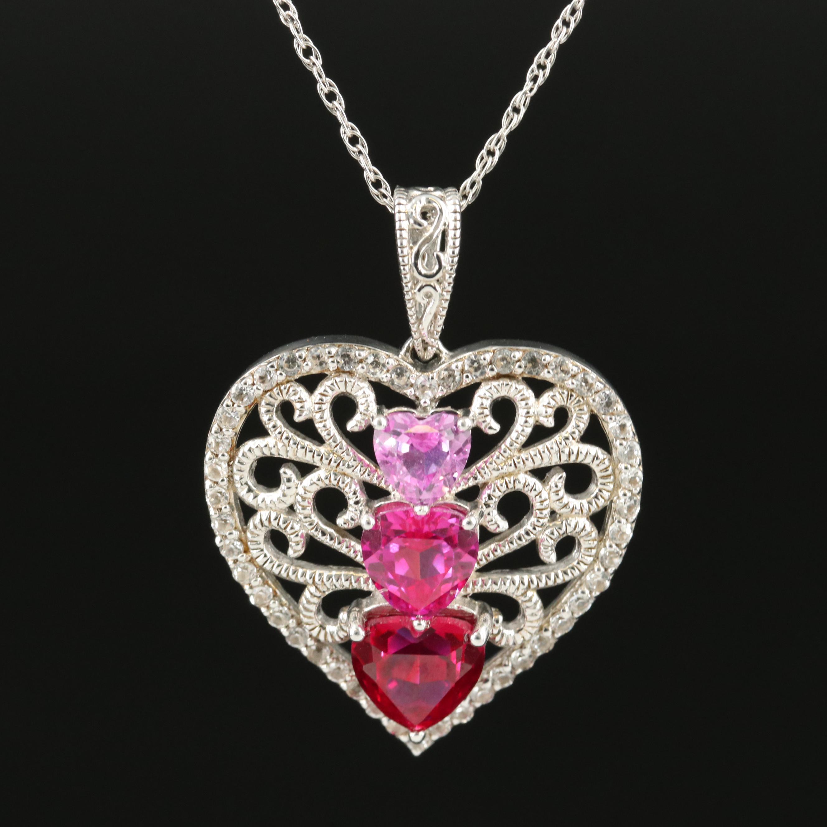 Sterling Ruby and Sapphire Heart Pendant Necklace
