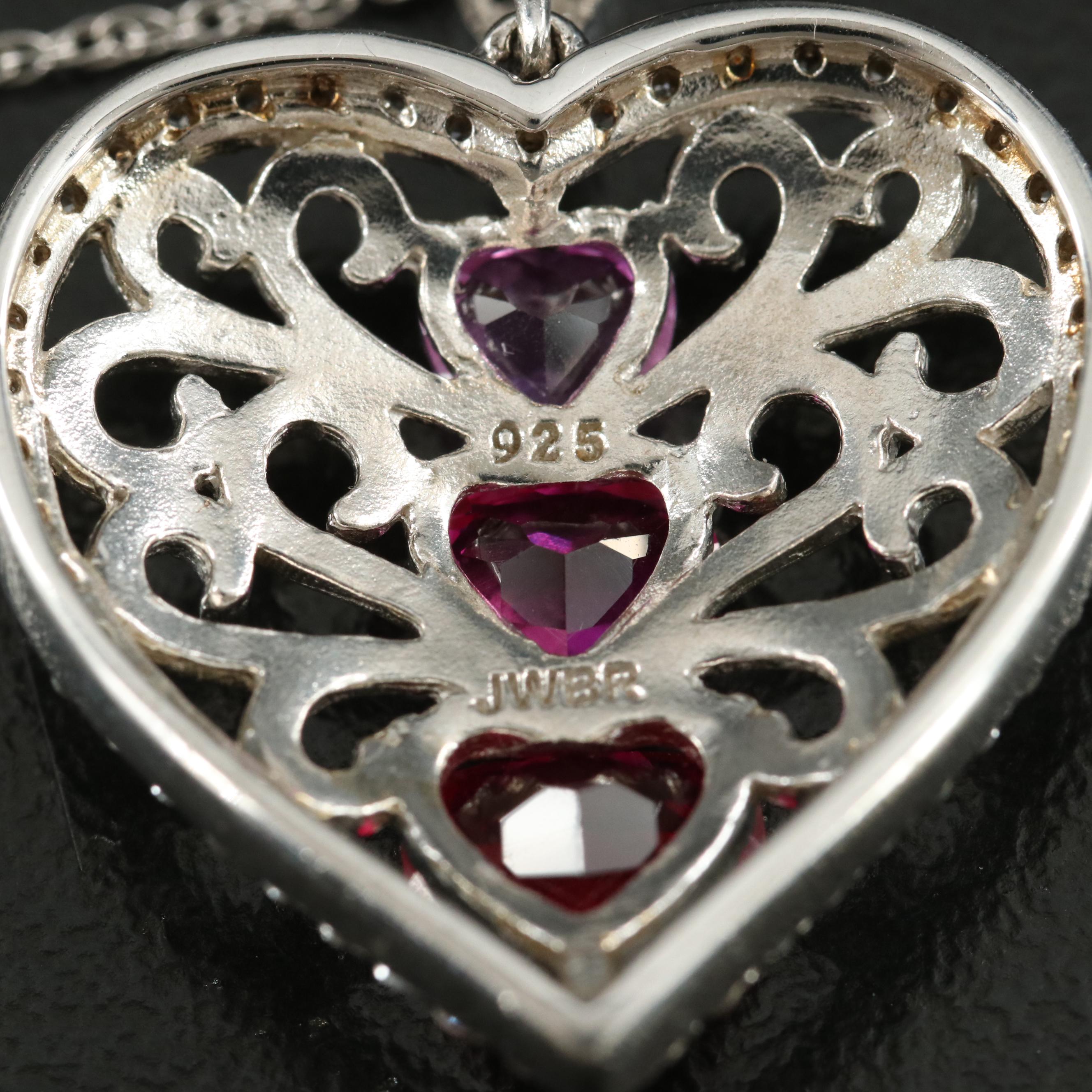 Sterling Ruby and Sapphire Heart Pendant Necklace