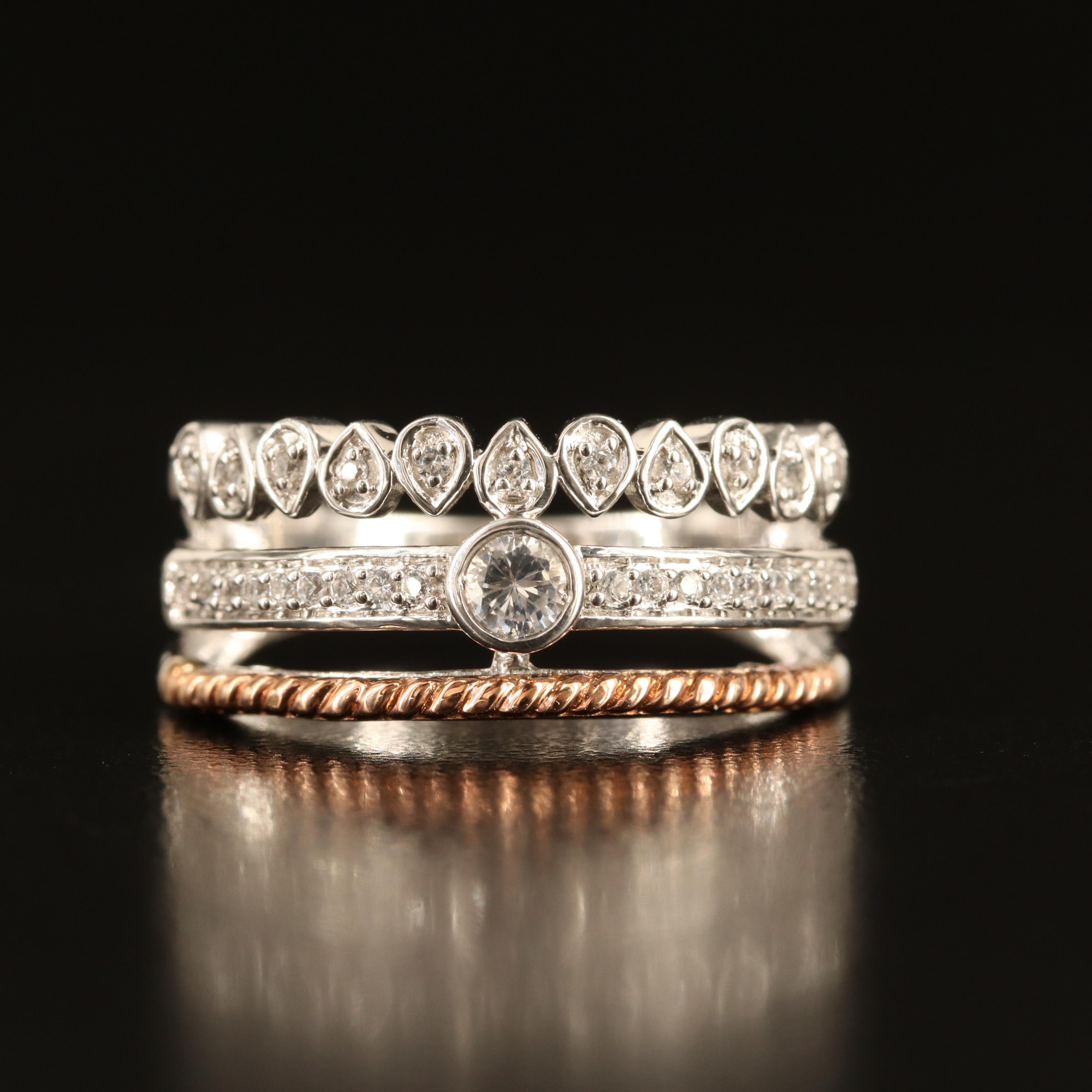 Sterling White Sapphire Ring with 10K Rose Gold Accent