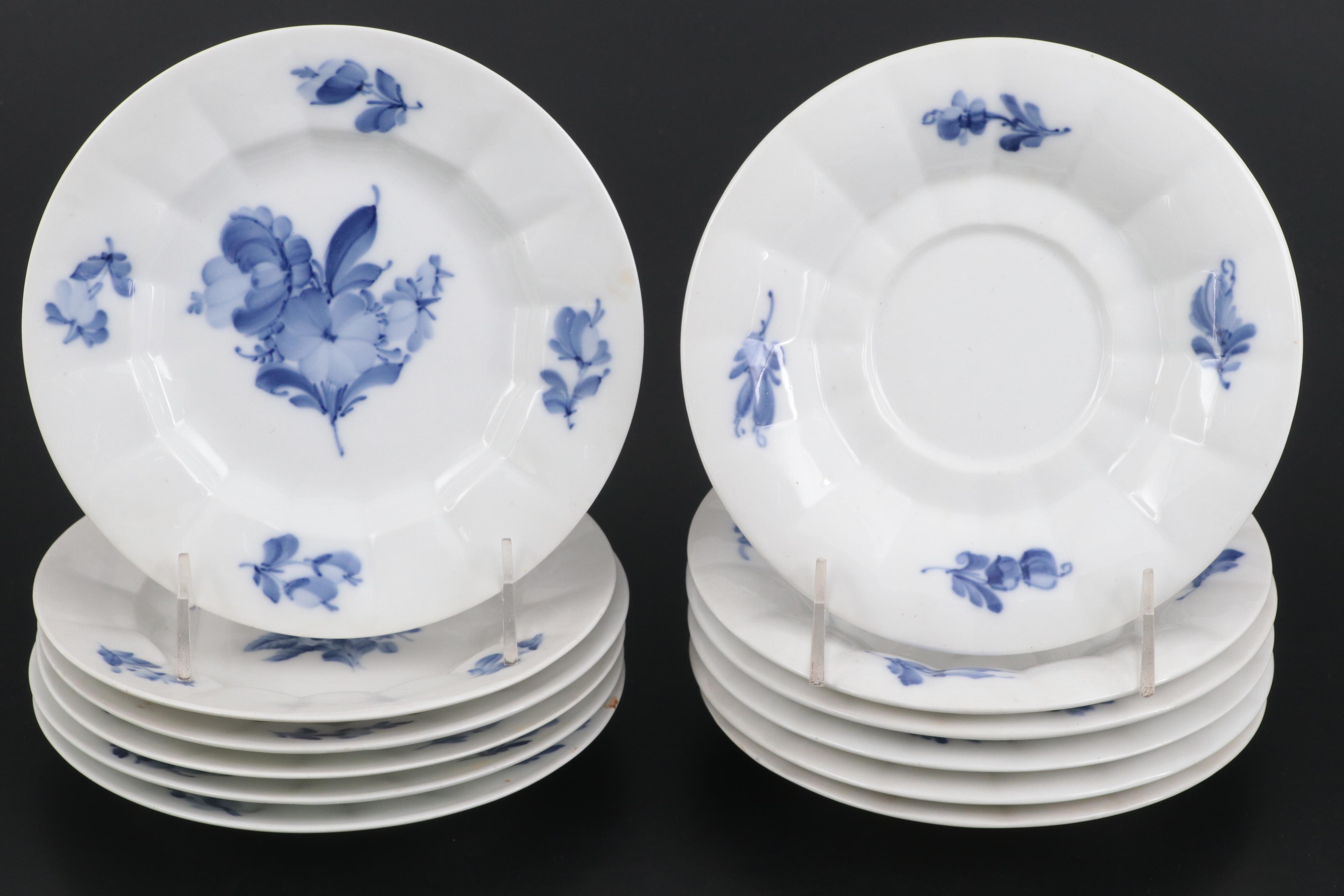 Royal Copenhagen Blue Flowers Porcelain Cups and Saucers with Plates, 1899-1934