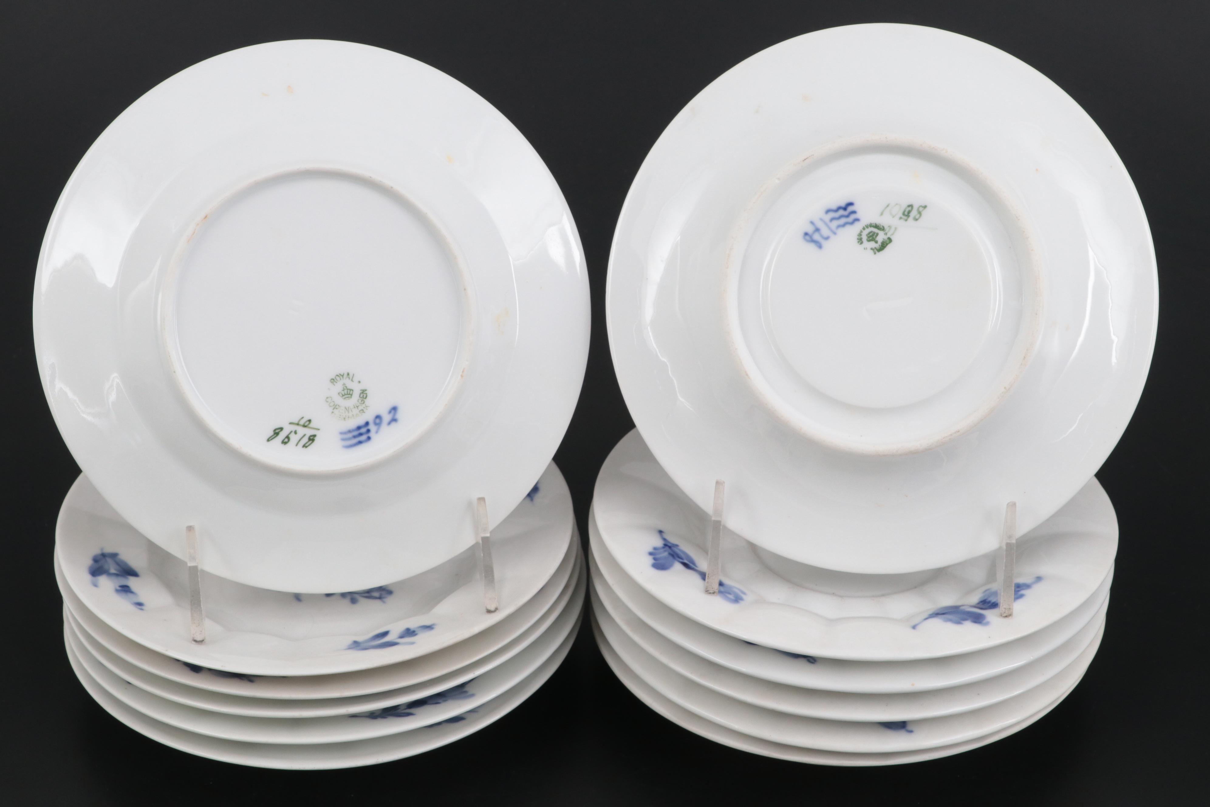 Royal Copenhagen Blue Flowers Porcelain Cups and Saucers with Plates, 1899-1934