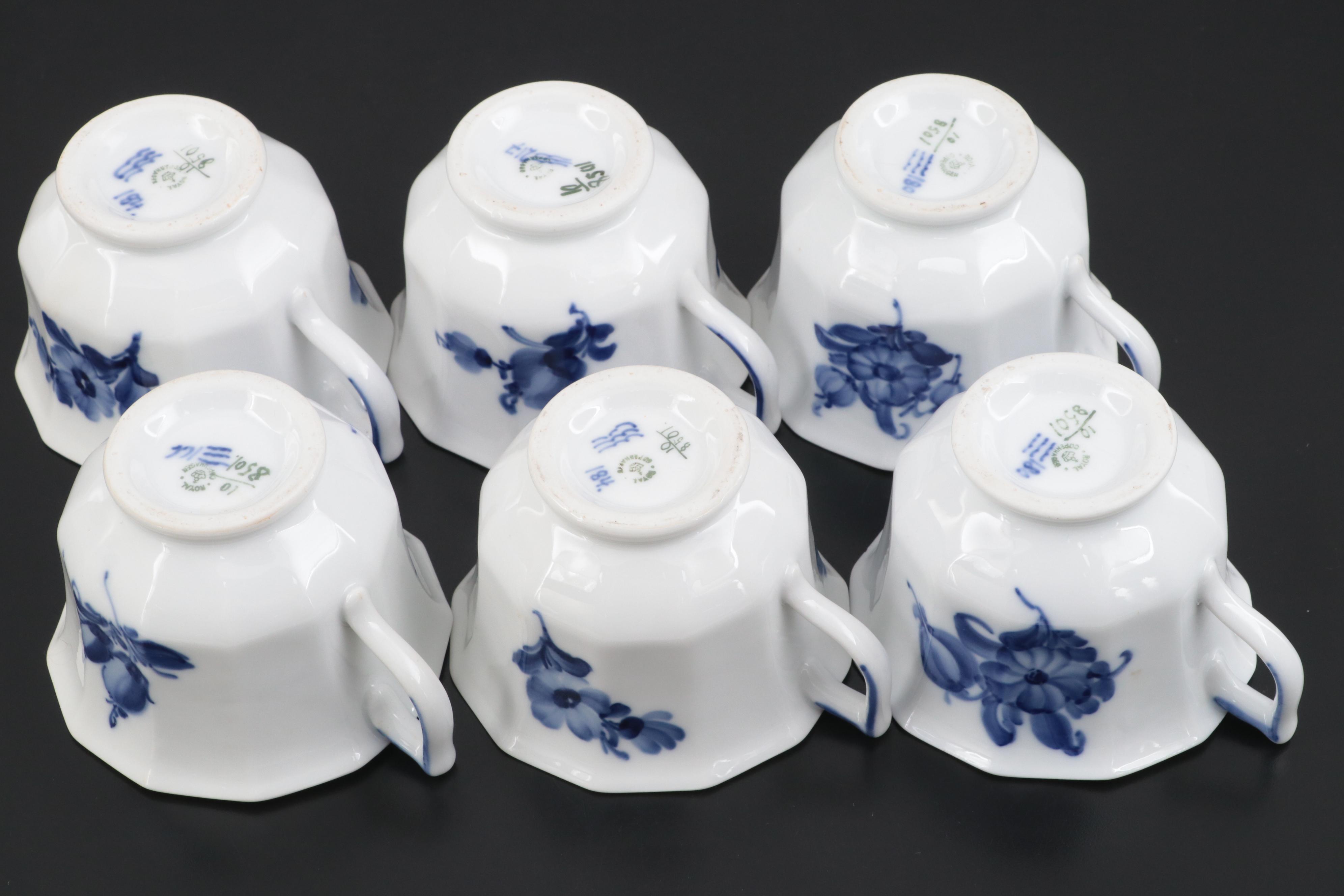 Royal Copenhagen Blue Flowers Porcelain Cups and Saucers with Plates, 1899-1934