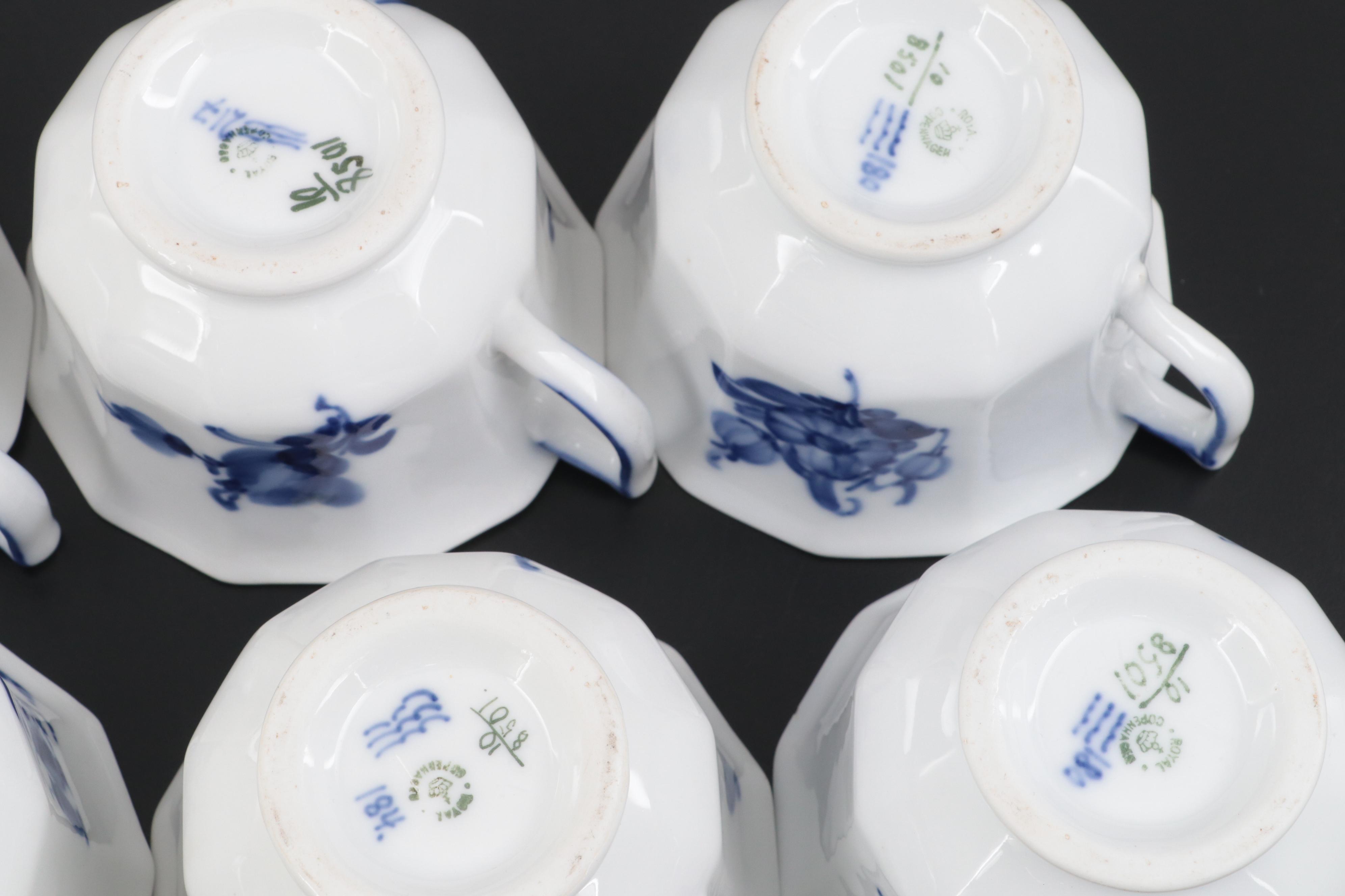 Royal Copenhagen Blue Flowers Porcelain Cups and Saucers with Plates, 1899-1934