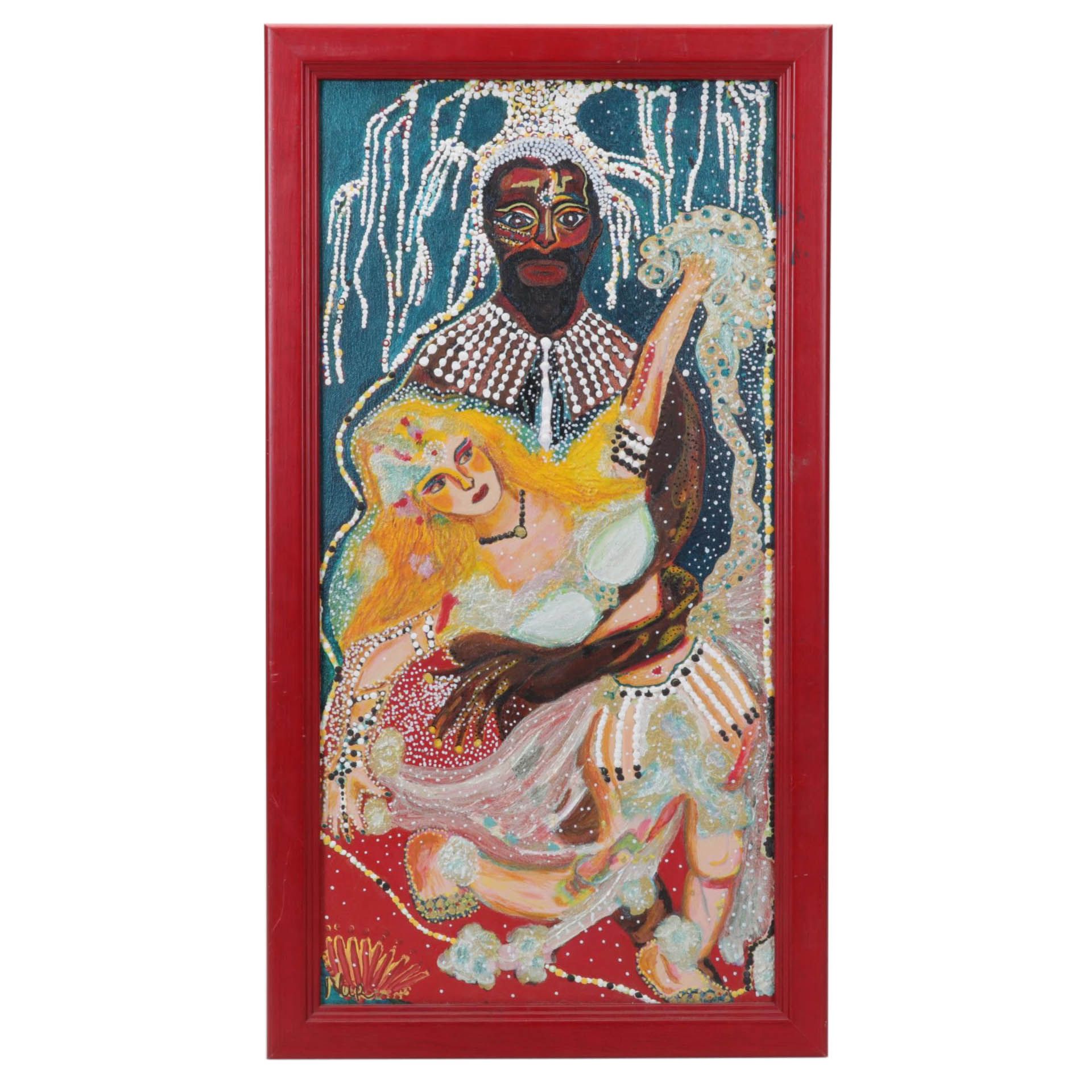 Folk Art Acrylic Painting of Dancing Couple, Late 20th Century