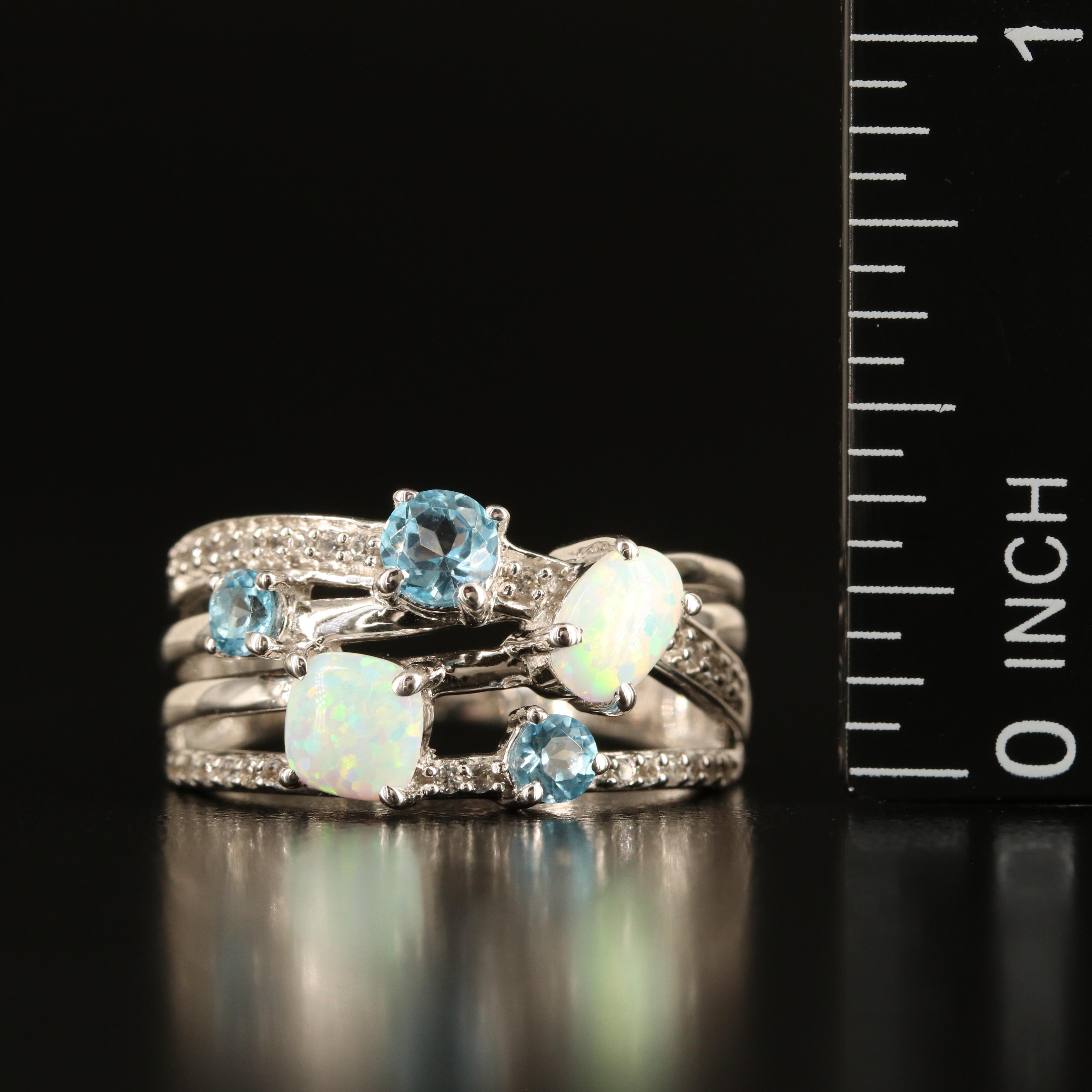Sterling Opal, Sky Blue Topaz and White Sapphire Crossover Ring