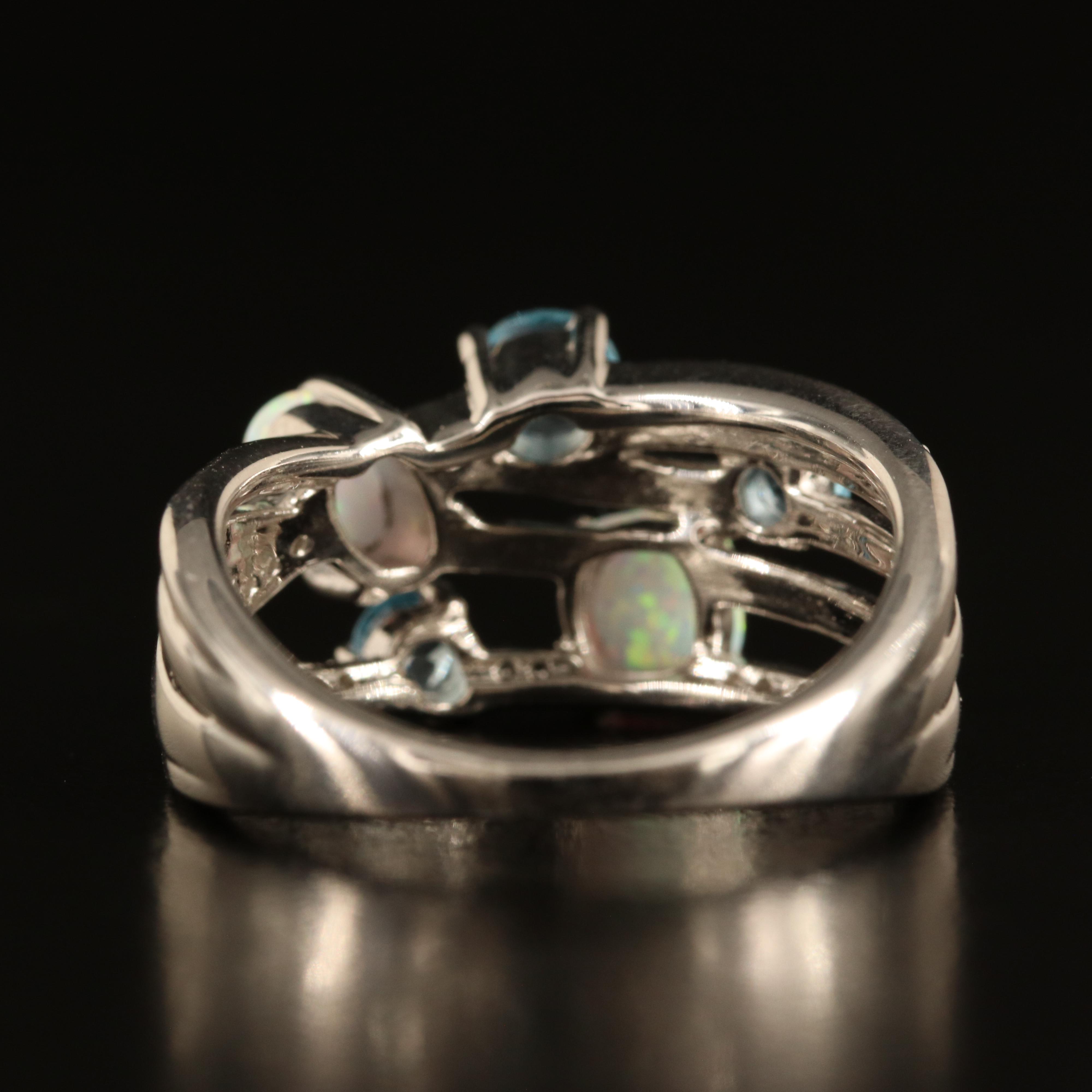 Sterling Opal, Sky Blue Topaz and White Sapphire Crossover Ring
