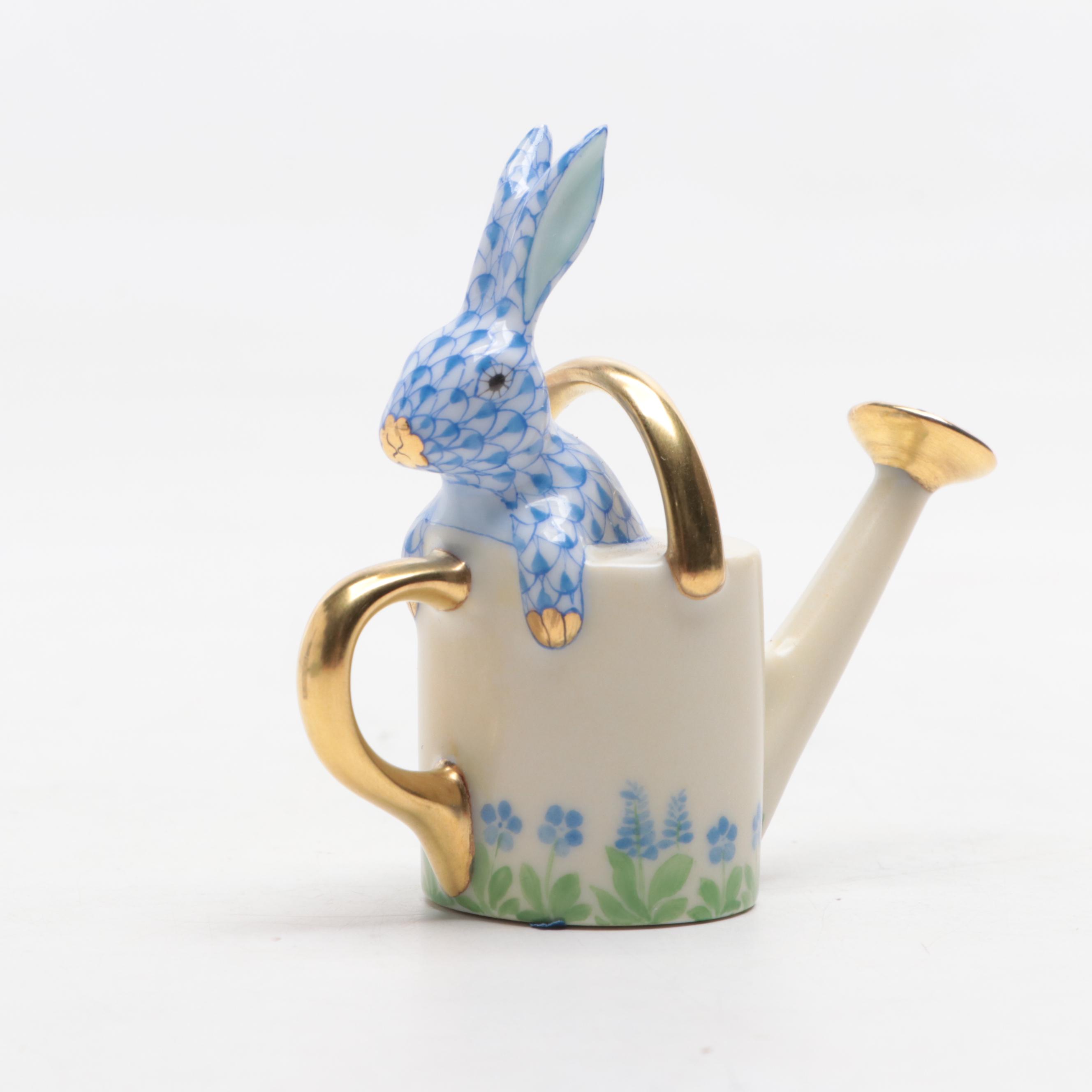 Herend Porcelain Blue Fishnet Bunnies in Box and Watering Can