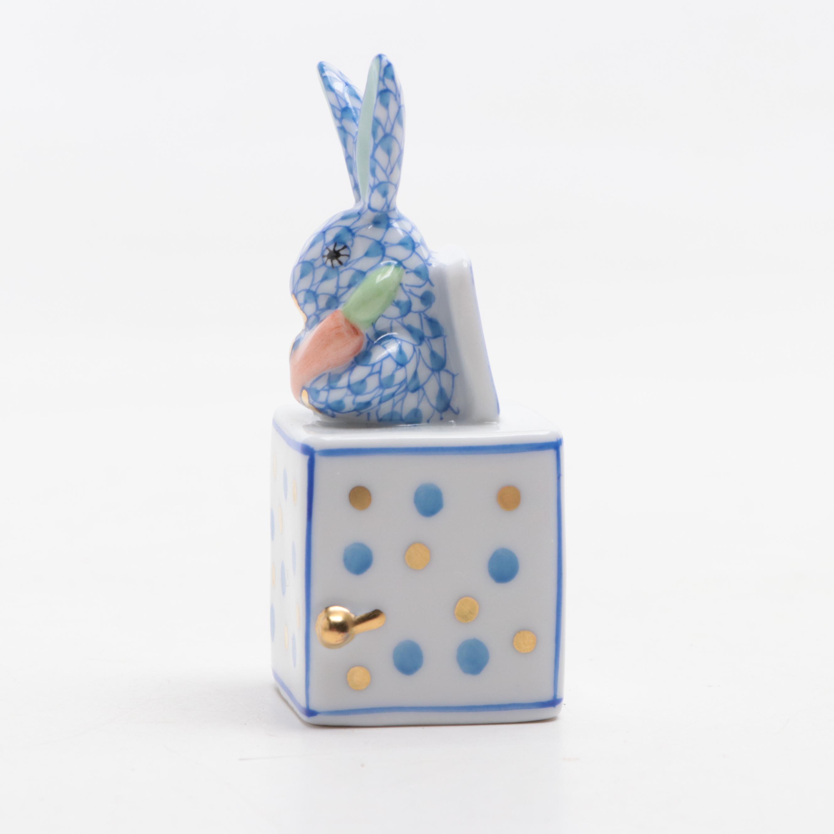 Herend Porcelain Blue Fishnet Bunnies in Box and Watering Can