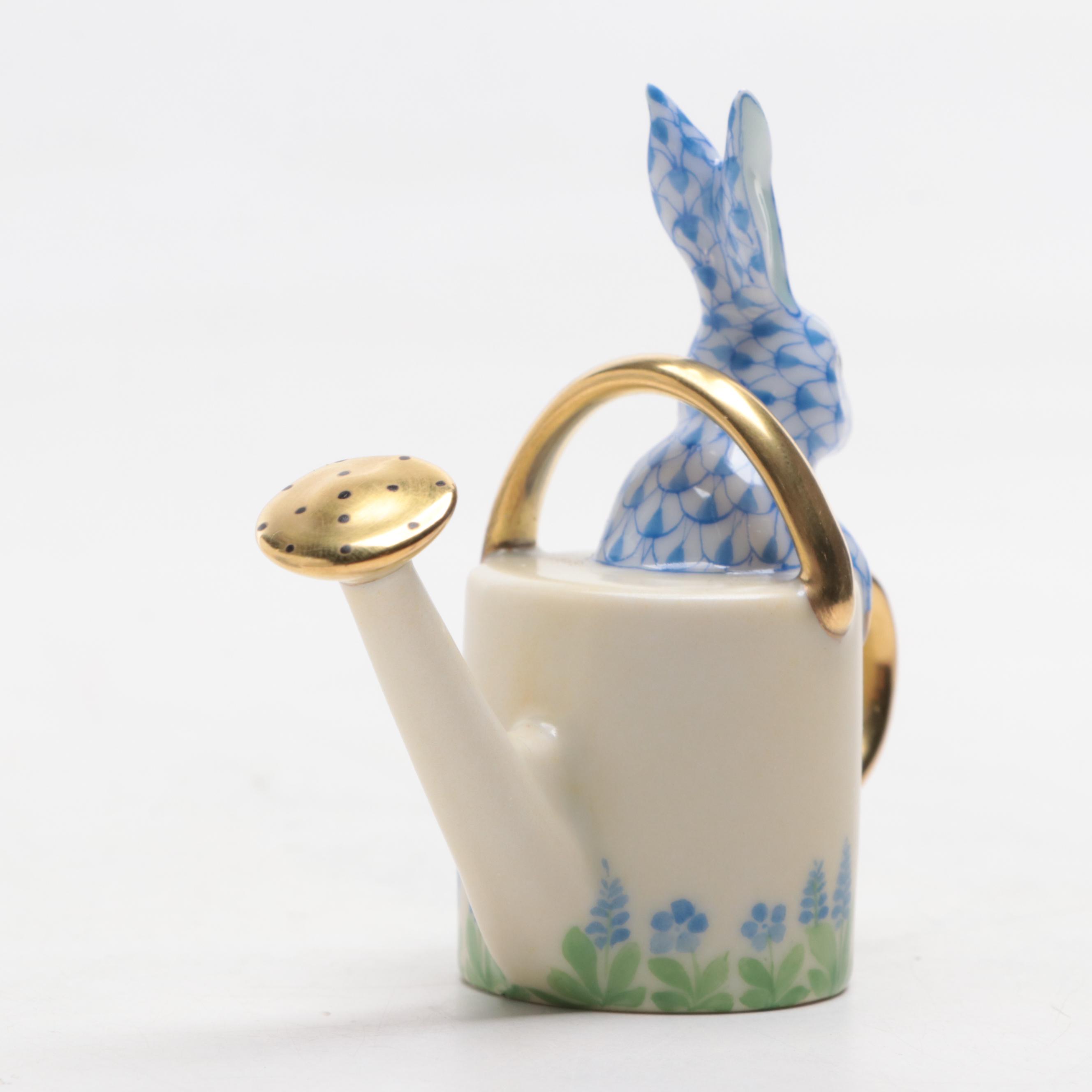 Herend Porcelain Blue Fishnet Bunnies in Box and Watering Can