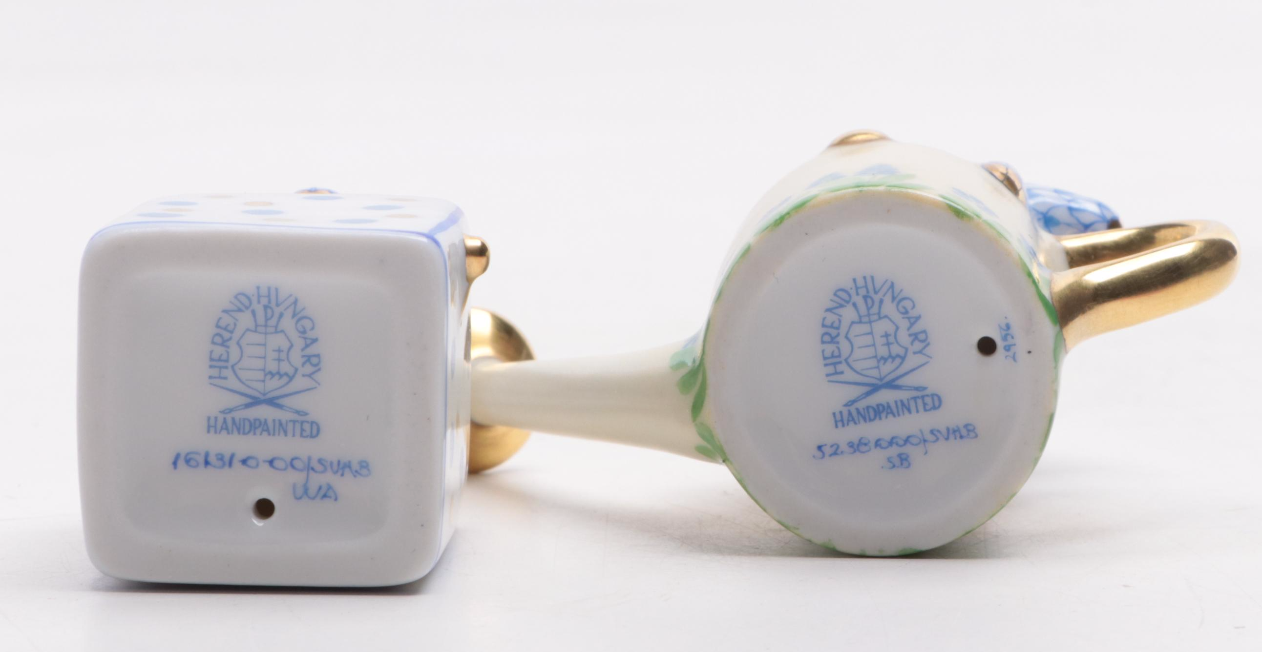 Herend Porcelain Blue Fishnet Bunnies in Box and Watering Can