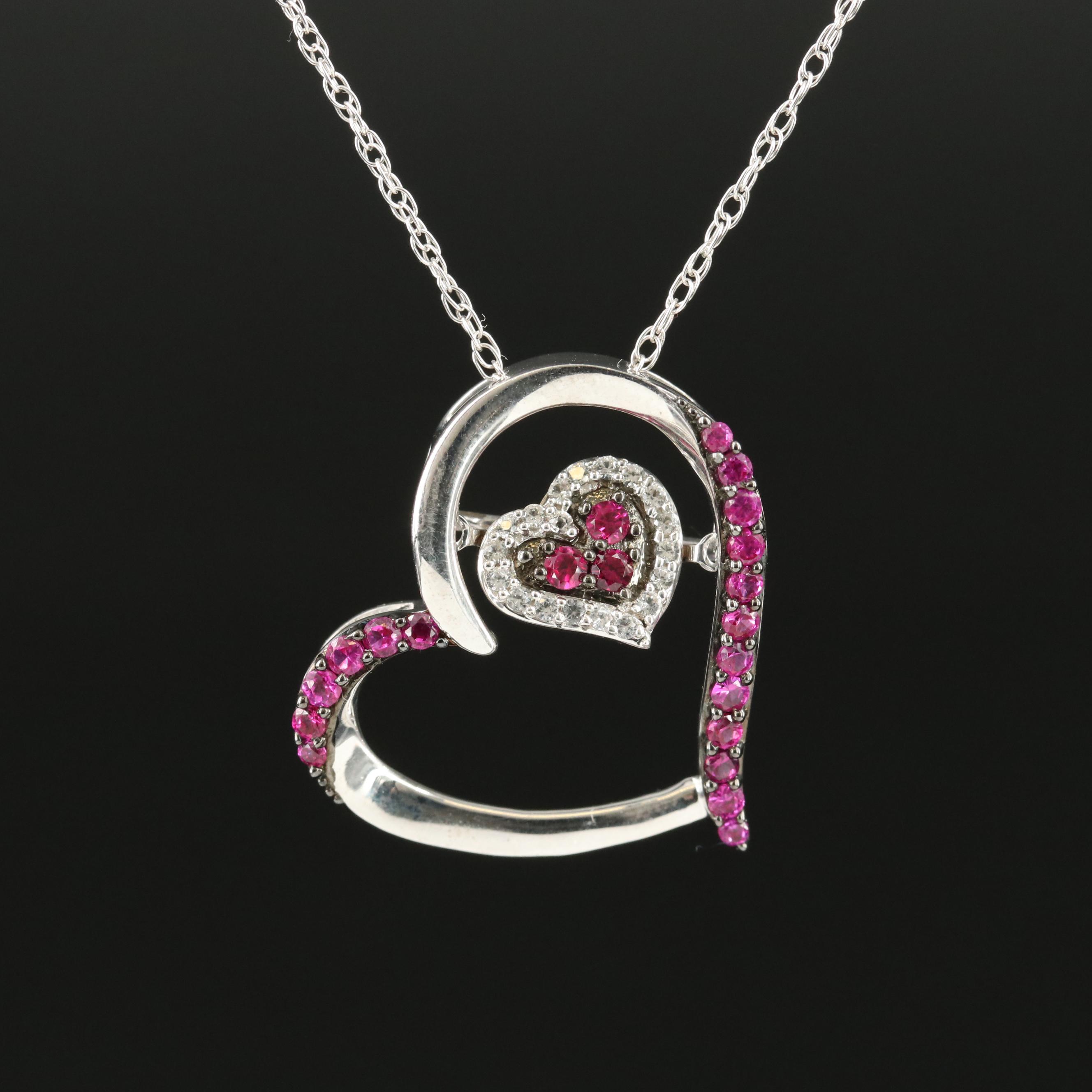 Sterling Ruby and Sapphire Double Heart Trembler Pendant Necklace