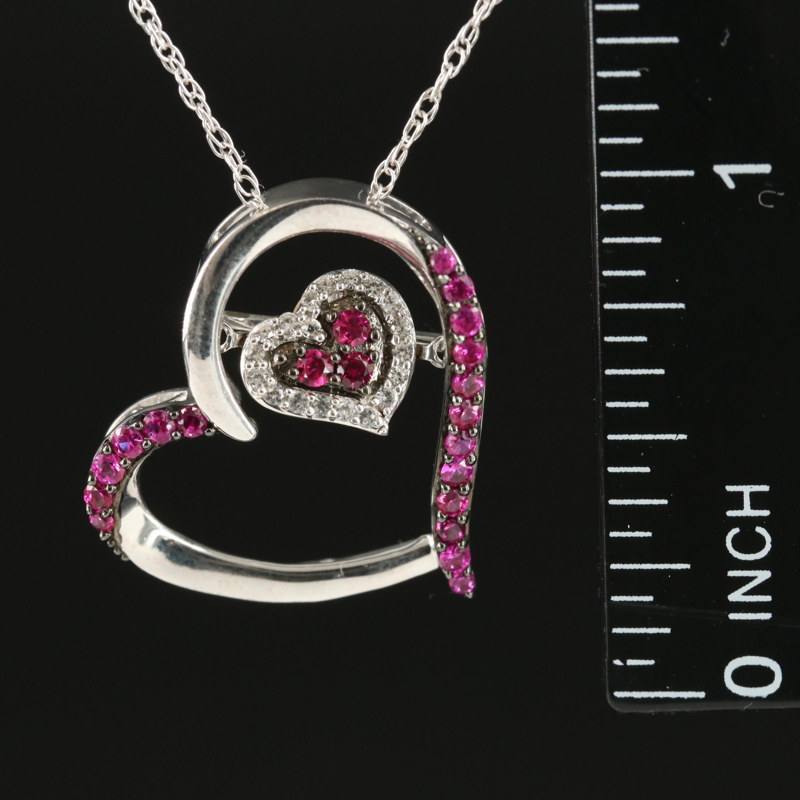 Sterling Ruby and Sapphire Double Heart Trembler Pendant Necklace