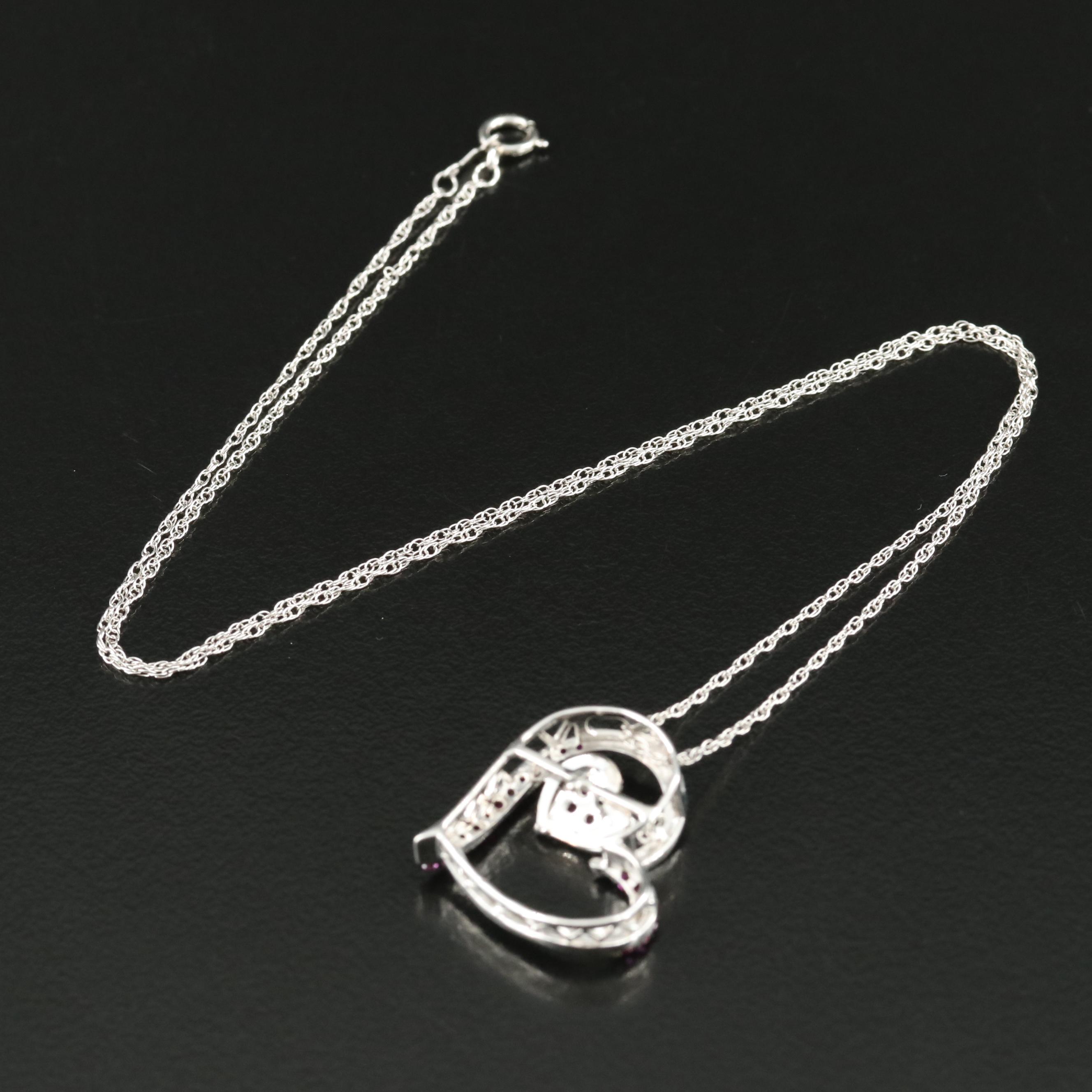 Sterling Ruby and Sapphire Double Heart Trembler Pendant Necklace