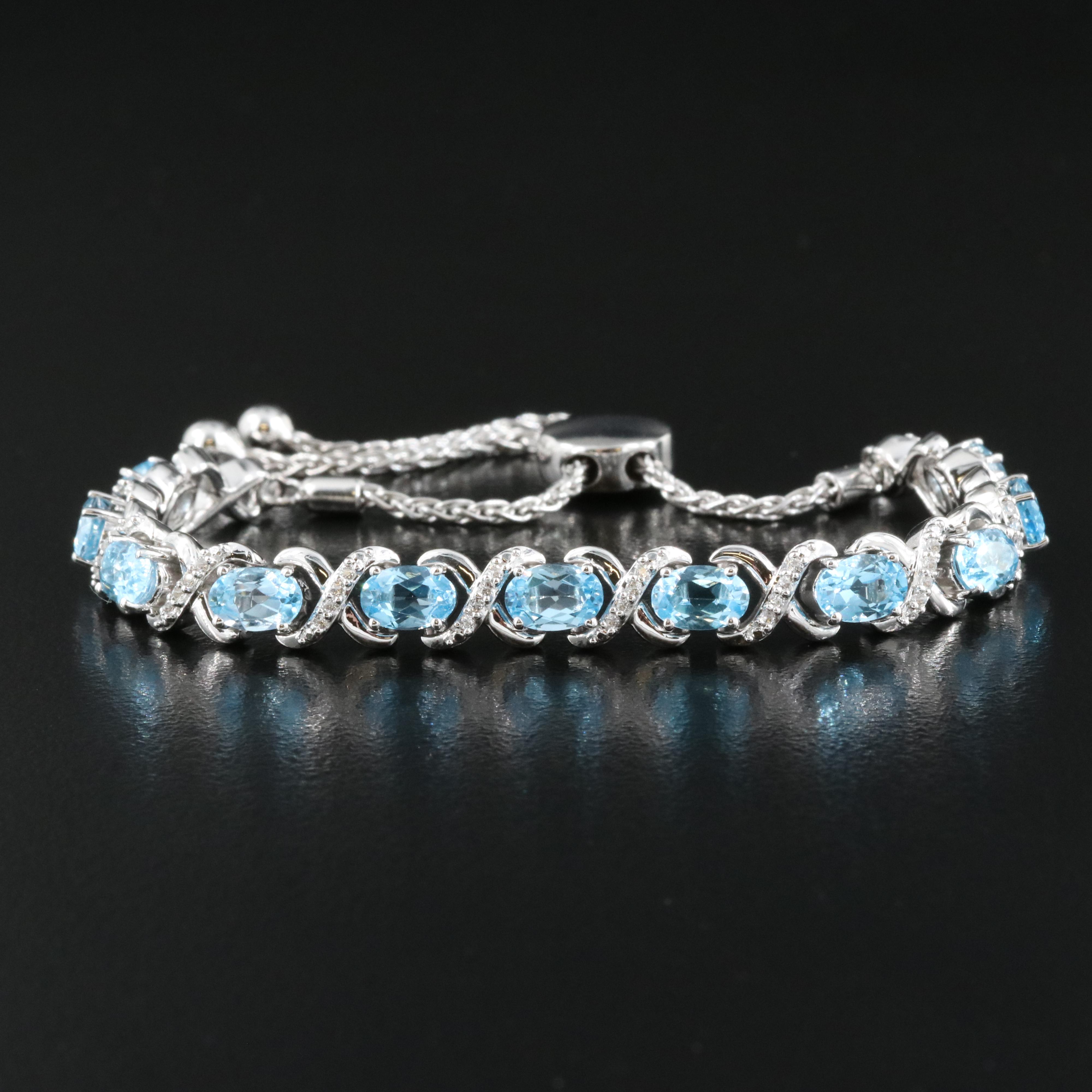 Sterling White and Swiss Blue Topaz Bolo Bracelet