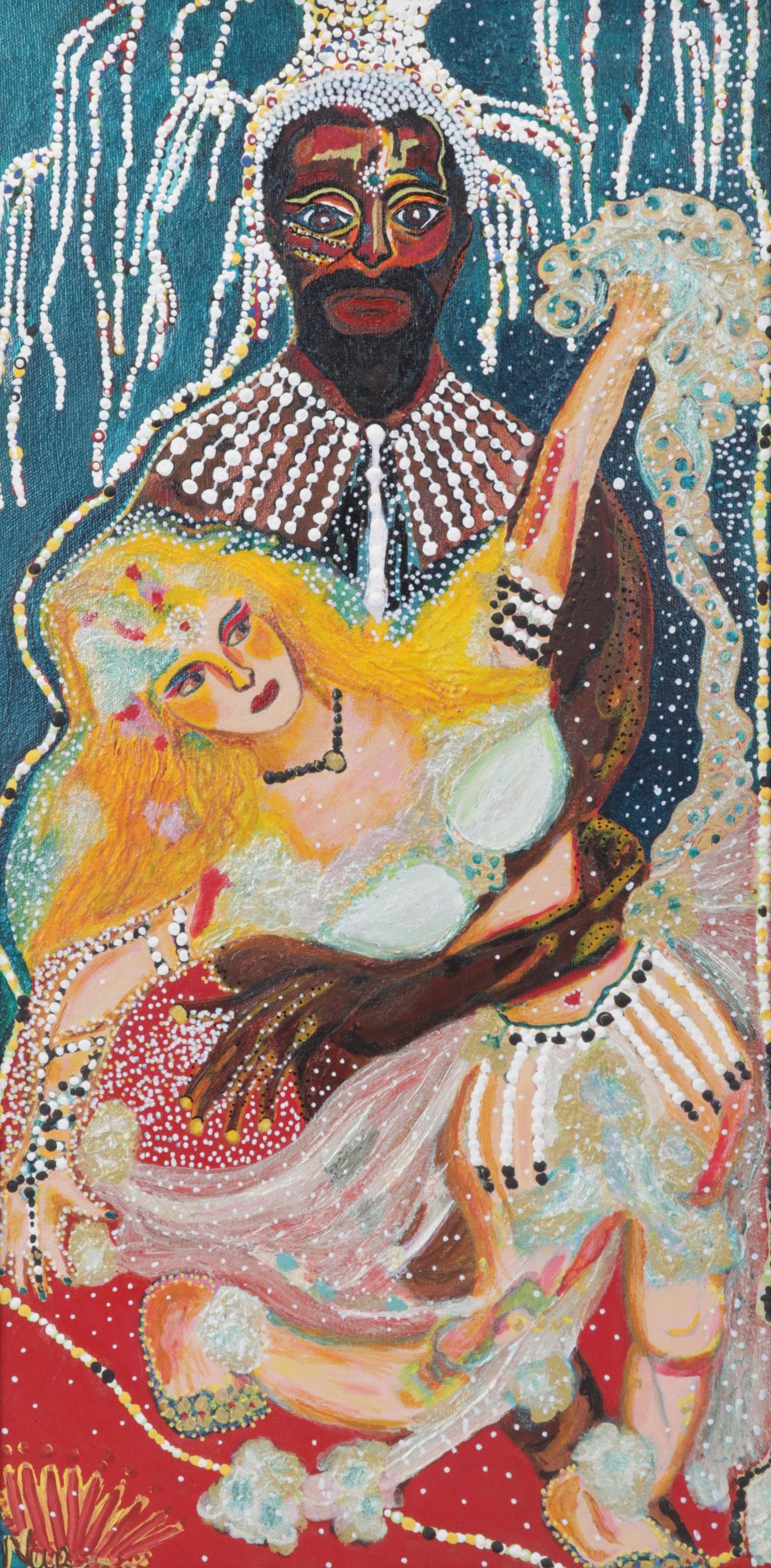 Folk Art Acrylic Painting of Dancing Couple, Late 20th Century