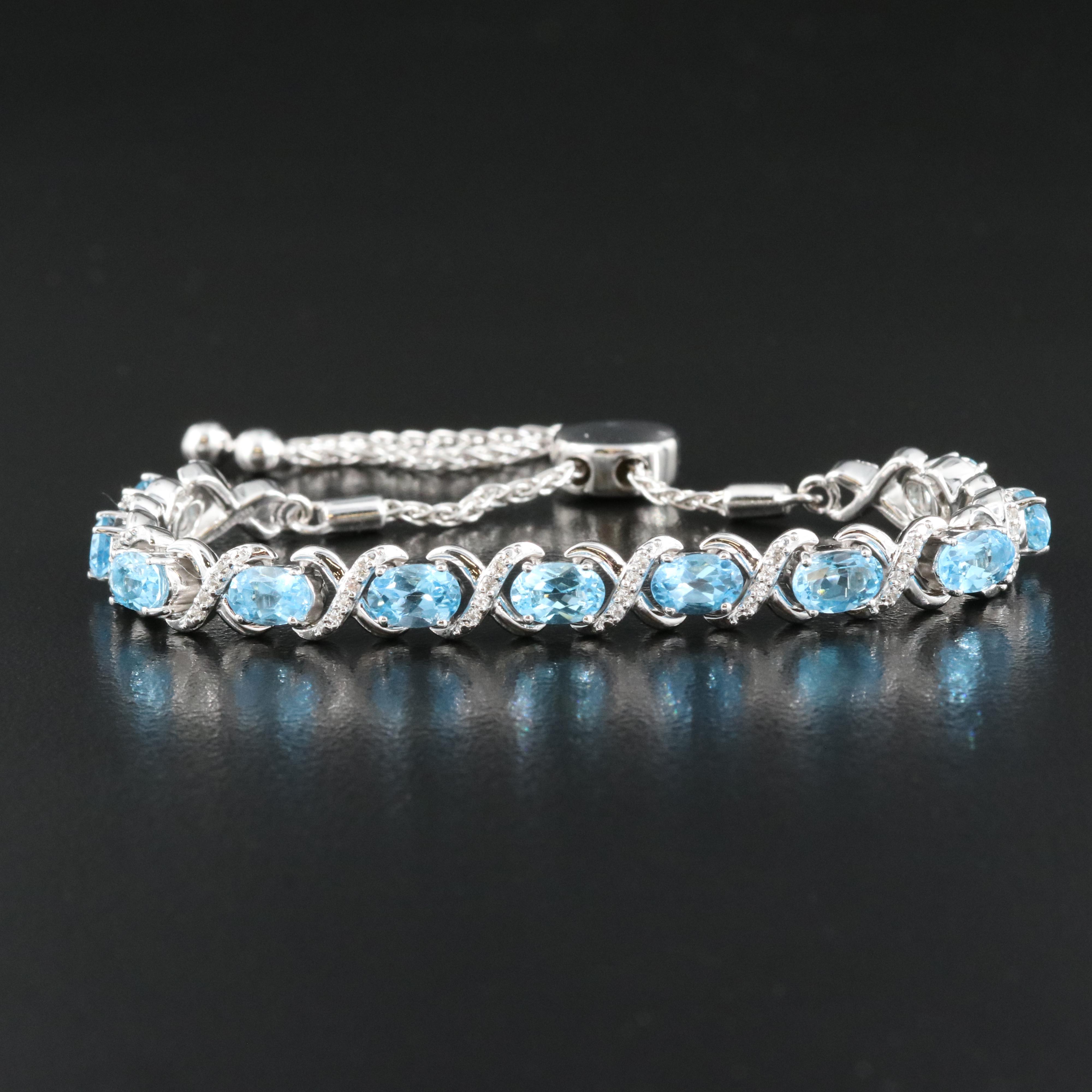 Sterling White and Swiss Blue Topaz Bolo Bracelet