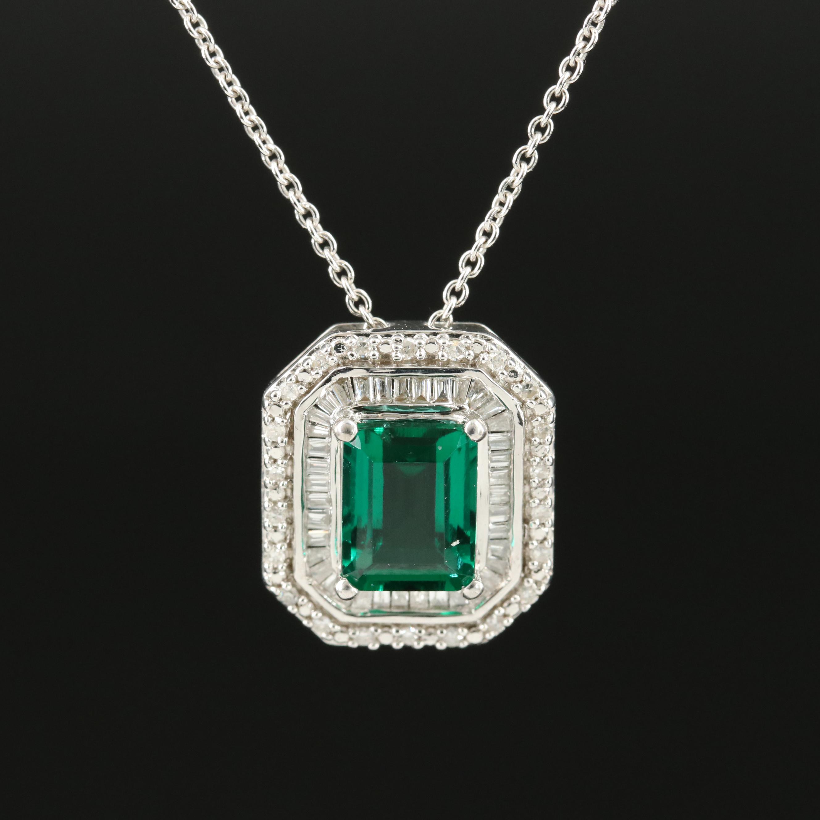 Sterling Emerald and Diamond Pendant Necklace