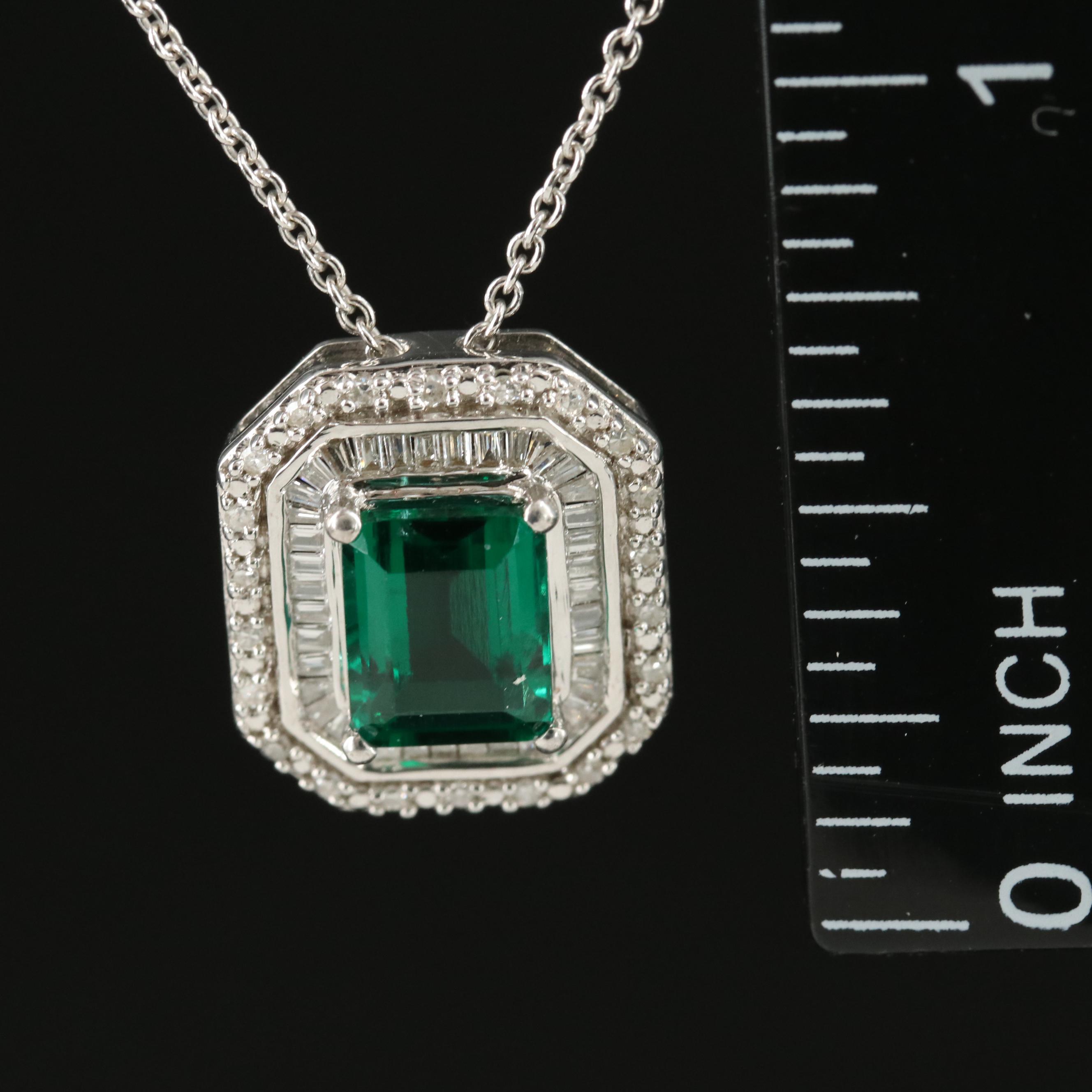 Sterling Emerald and Diamond Pendant Necklace