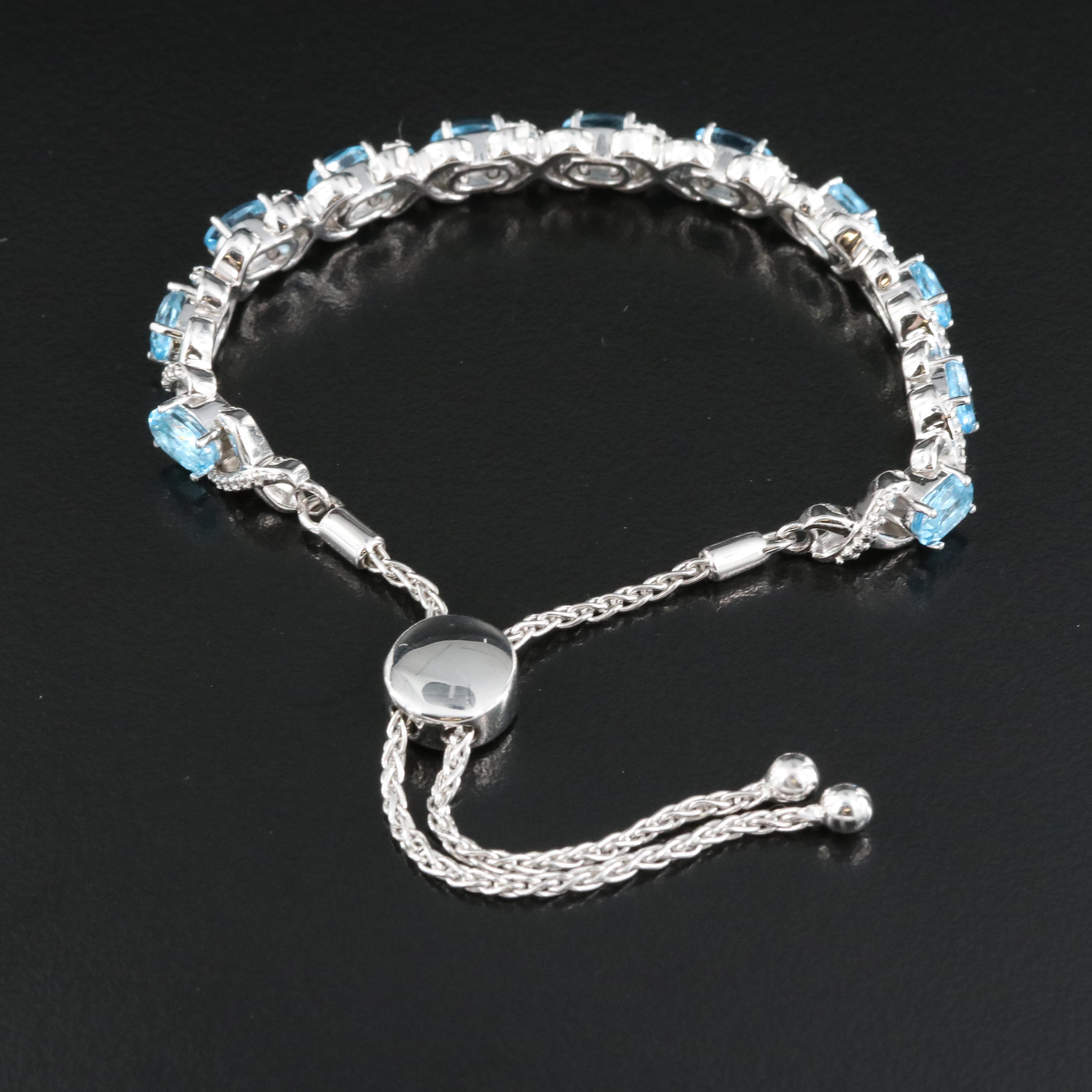 Sterling White and Swiss Blue Topaz Bolo Bracelet