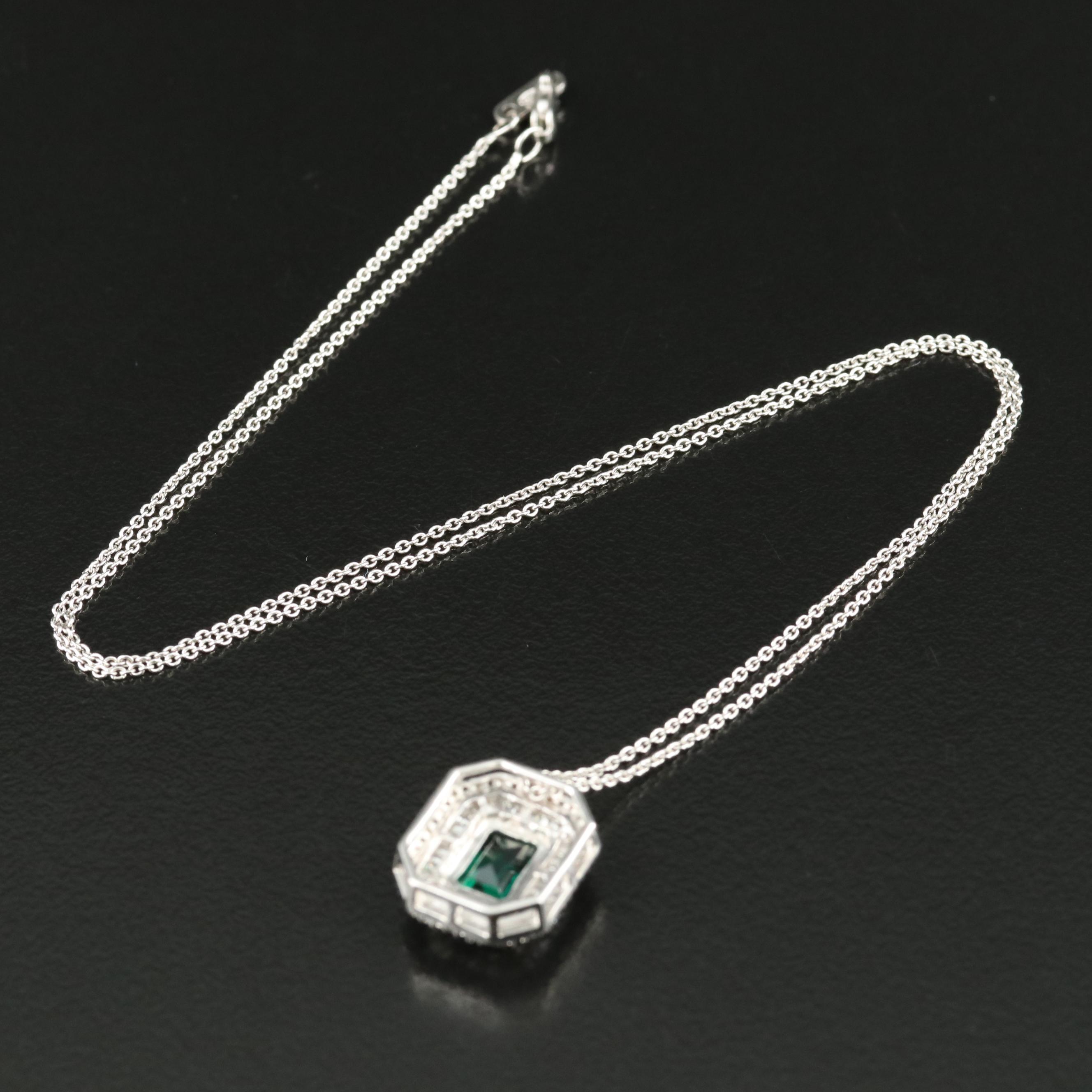 Sterling Emerald and Diamond Pendant Necklace