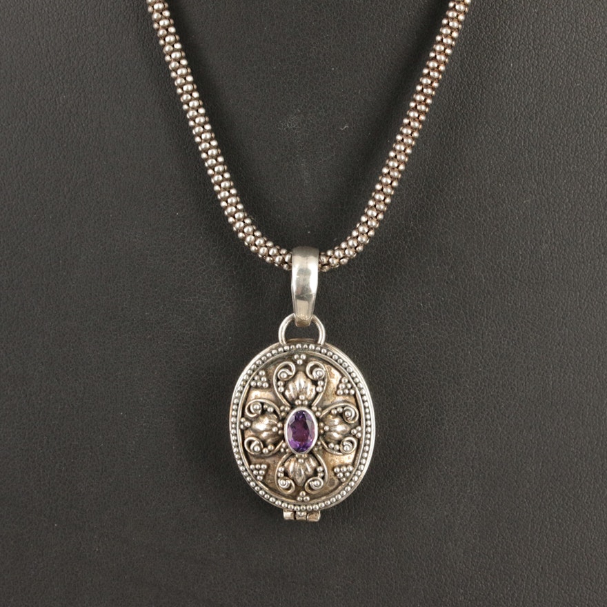 Sterling Amethyst Locket Necklace with Granulated Details