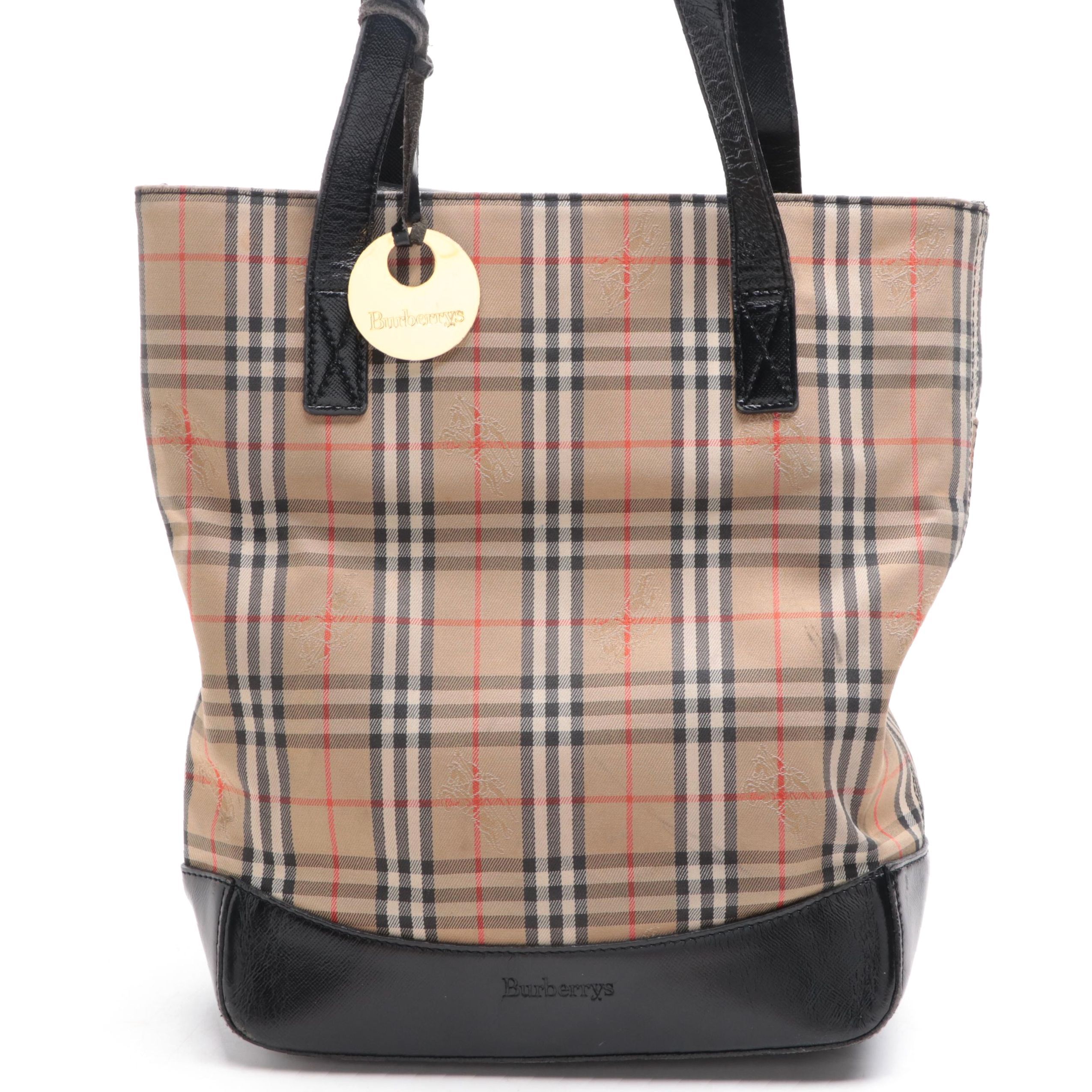 Burberrys Shoulder Tote Bag in Haymarket Check Canvas and Black Leather