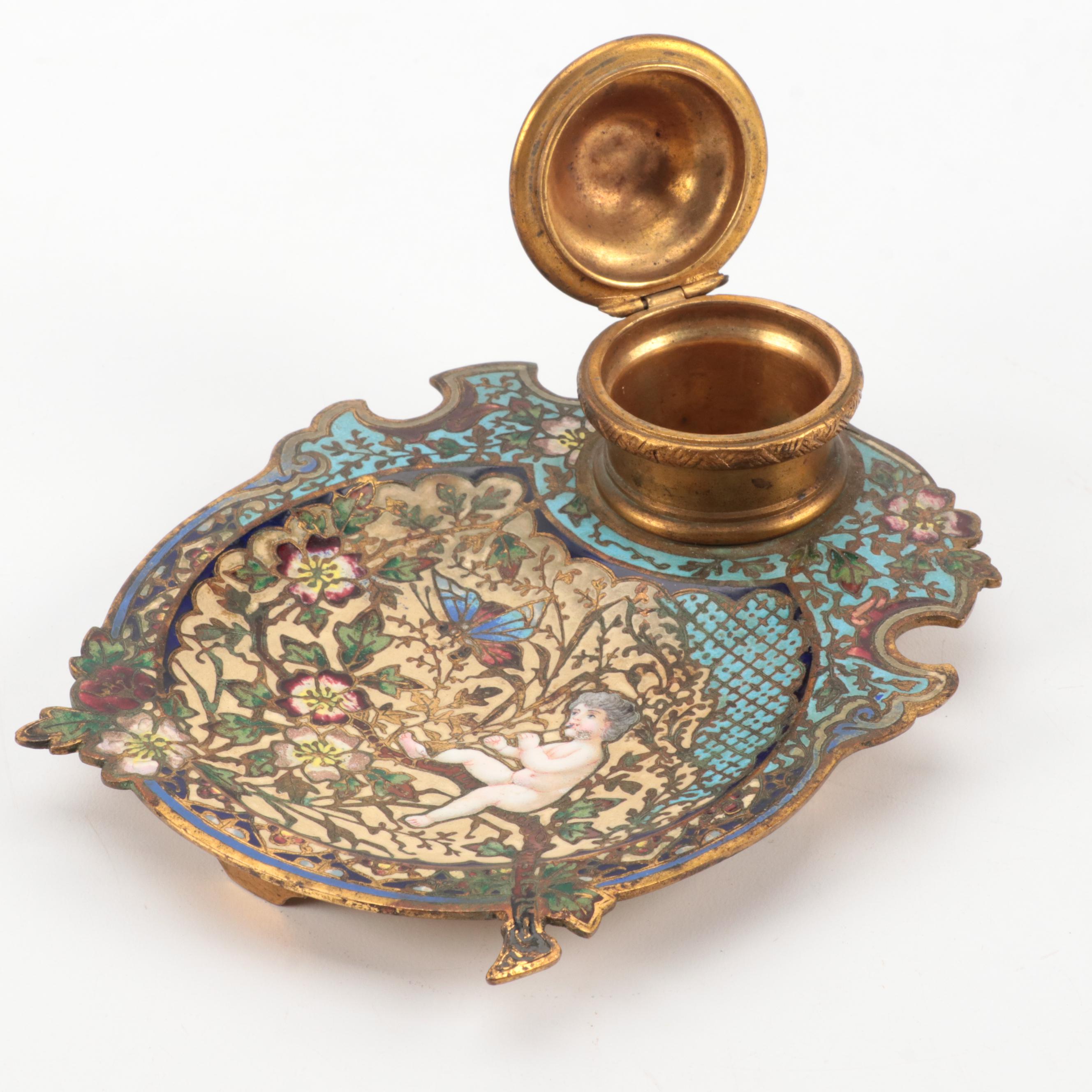 French Rococo Style Champlevé Brass and Enamel Inkwell