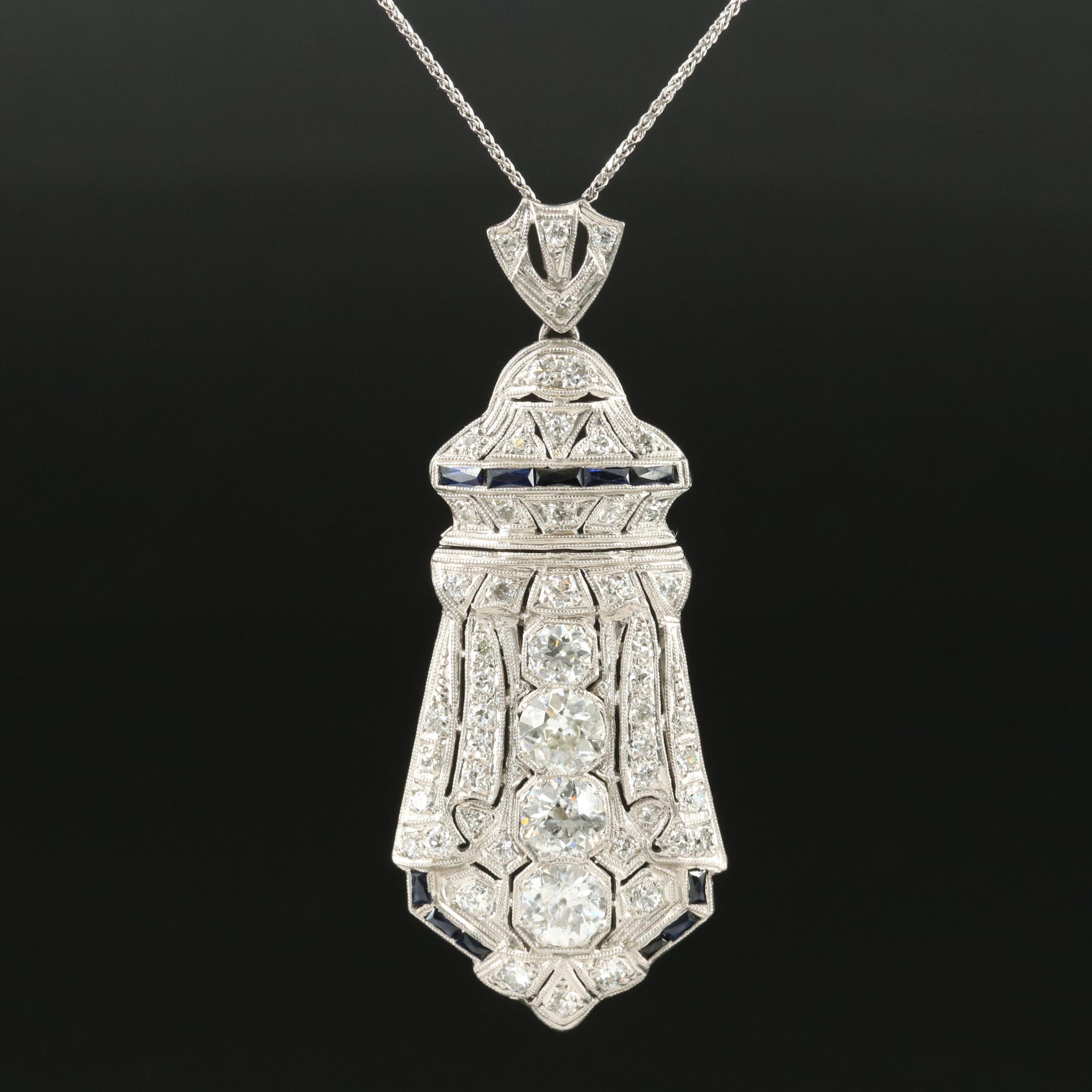Art Deco Platinum 3.89 CTW Diamond and Sapphire Converter Pendant Necklace
