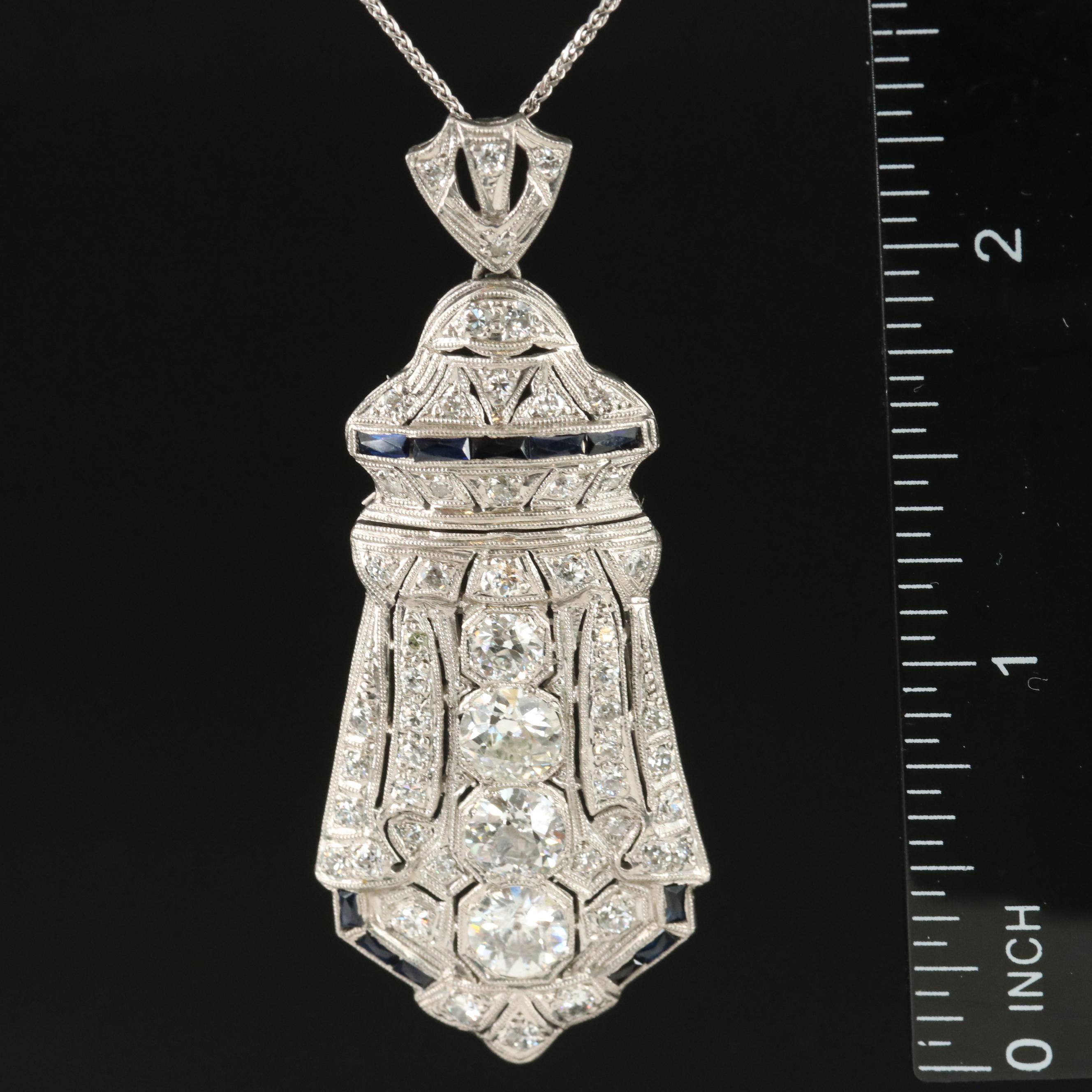 Art Deco Platinum 3.89 CTW Diamond and Sapphire Converter Pendant Necklace
