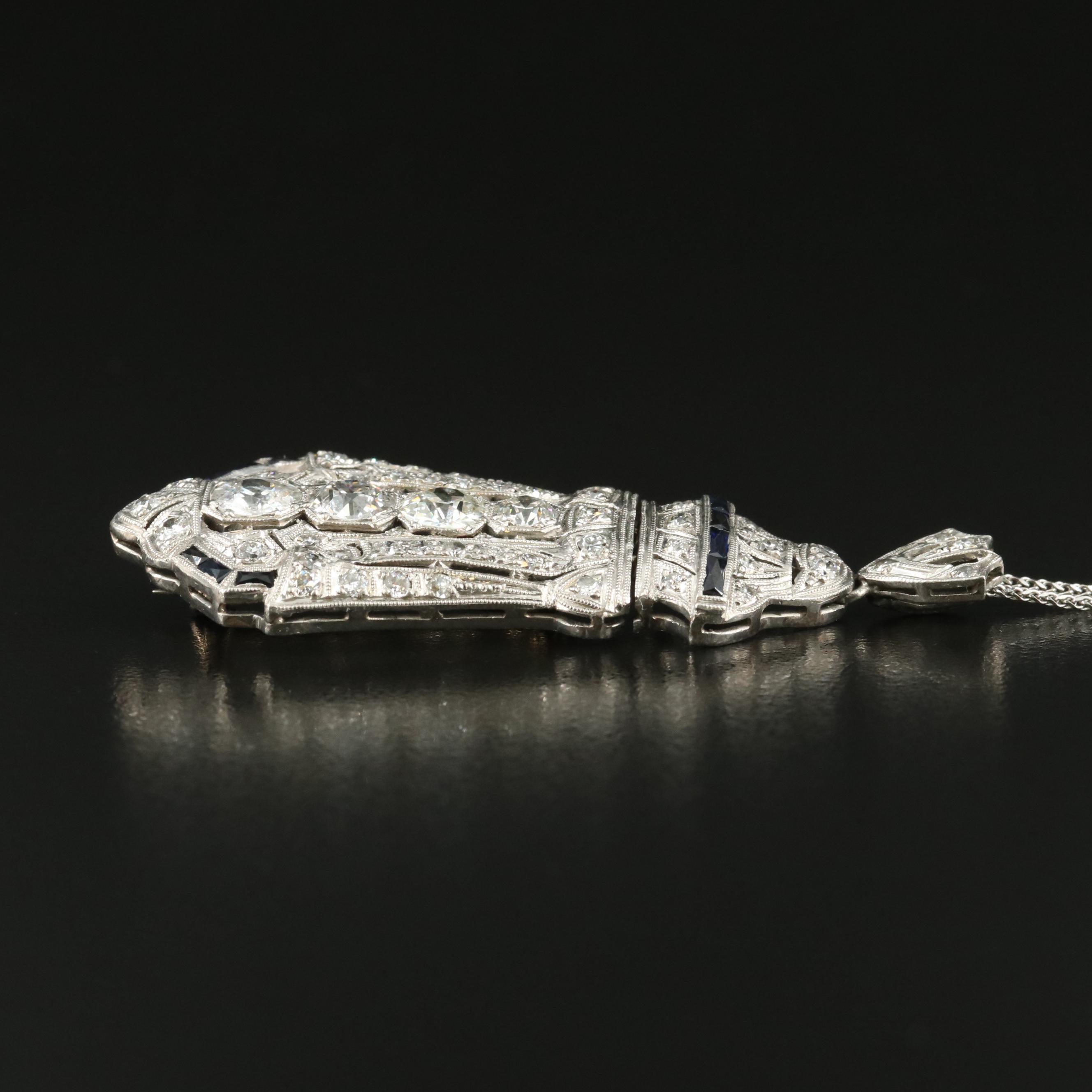 Art Deco Platinum 3.89 CTW Diamond and Sapphire Converter Pendant Necklace