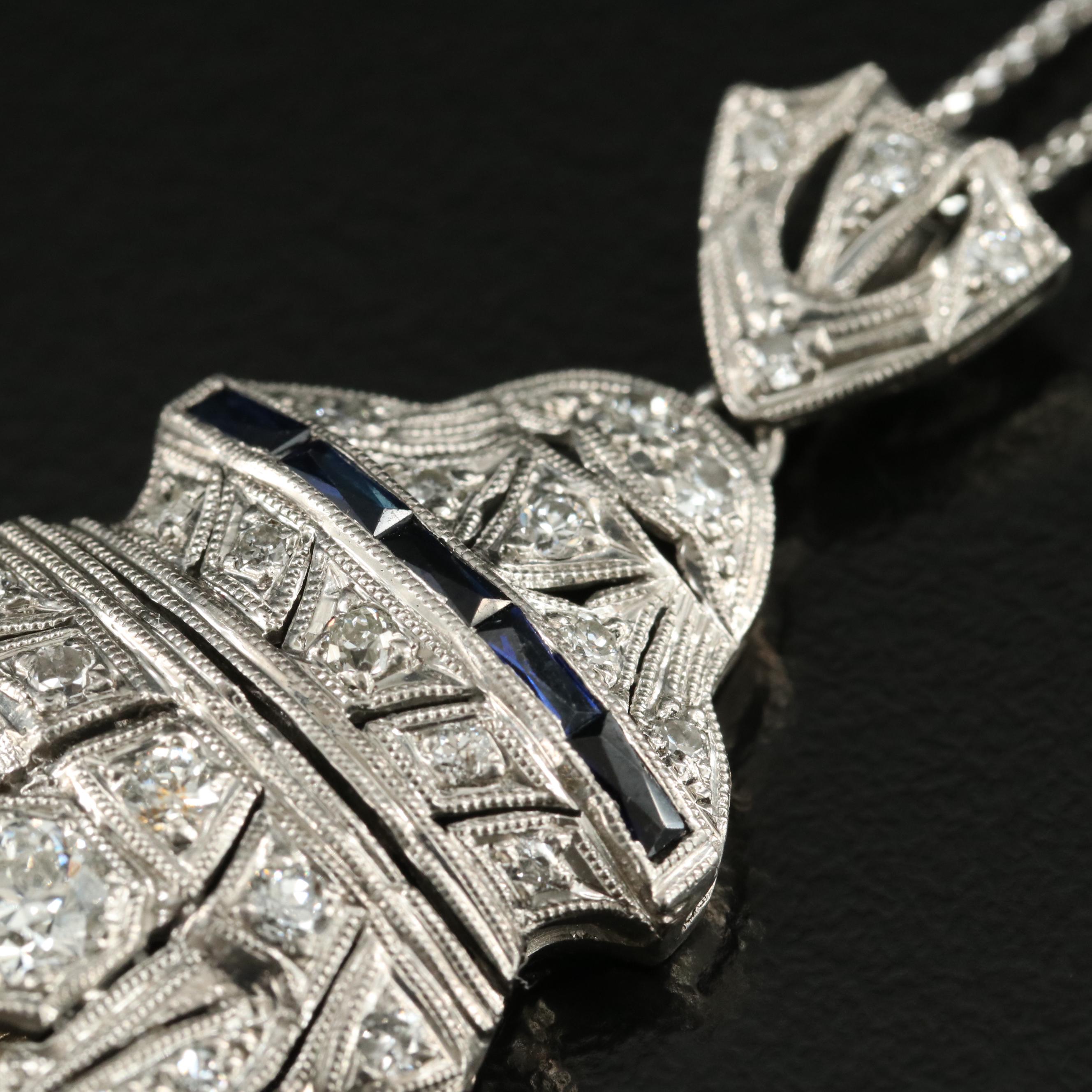 Art Deco Platinum 3.89 CTW Diamond and Sapphire Converter Pendant Necklace