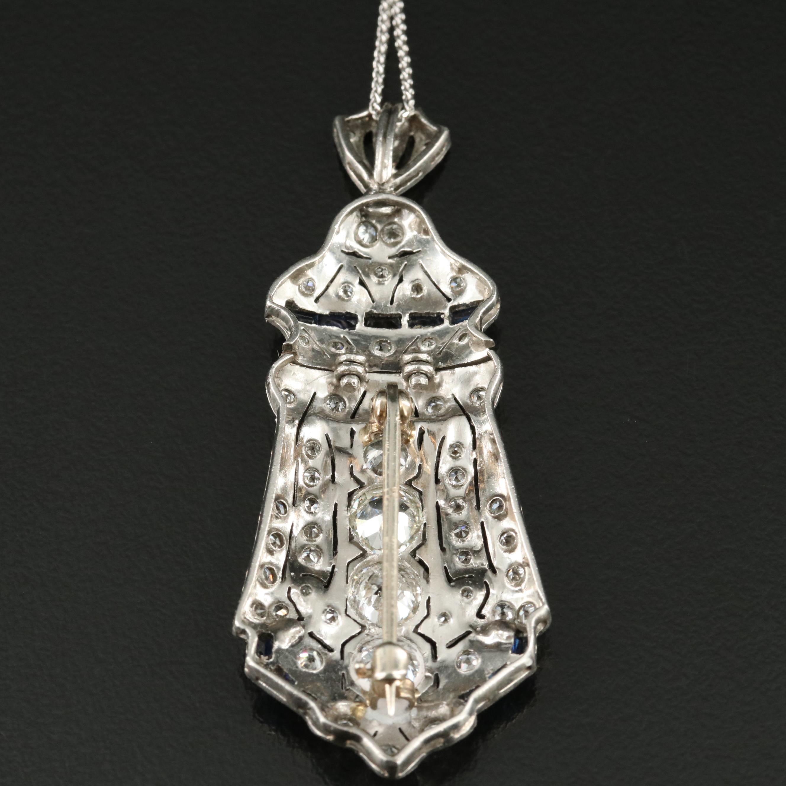 Art Deco Platinum 3.89 CTW Diamond and Sapphire Converter Pendant Necklace