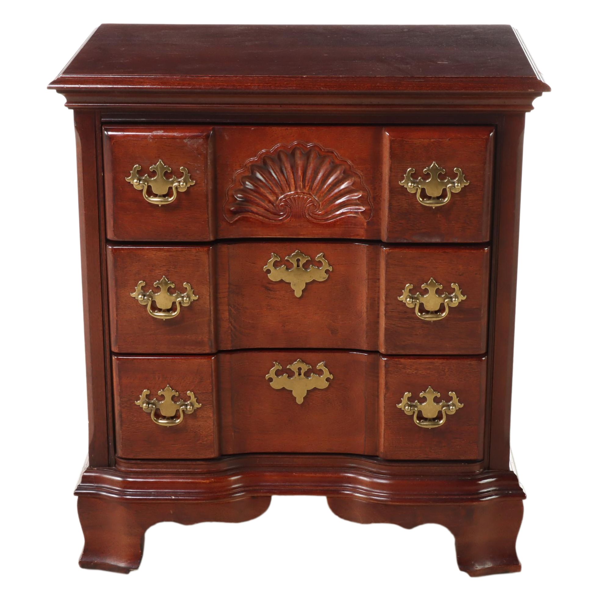 Chippendale Style Cherrywood-Stained Three-Drawer Blockfront Nightstand