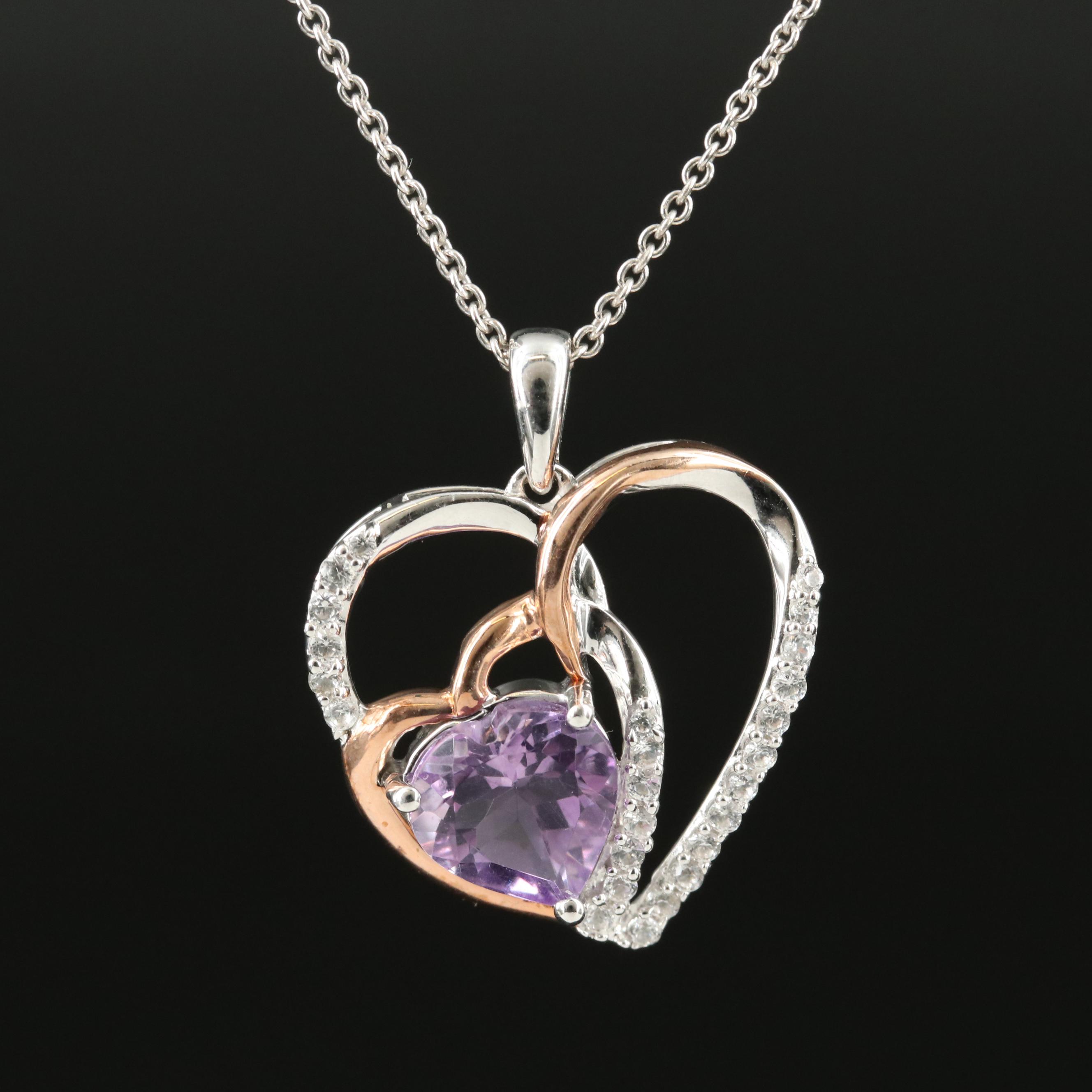 Sterling Amethyst and Sapphire Double Heart Pendant Necklace